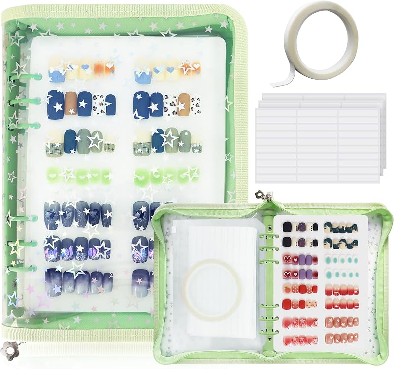 DHATMYC Organizador tipo fichário para unhas postiças, tamanho A5, com 8 páginas, fita e bolso com zíper (GREEN)