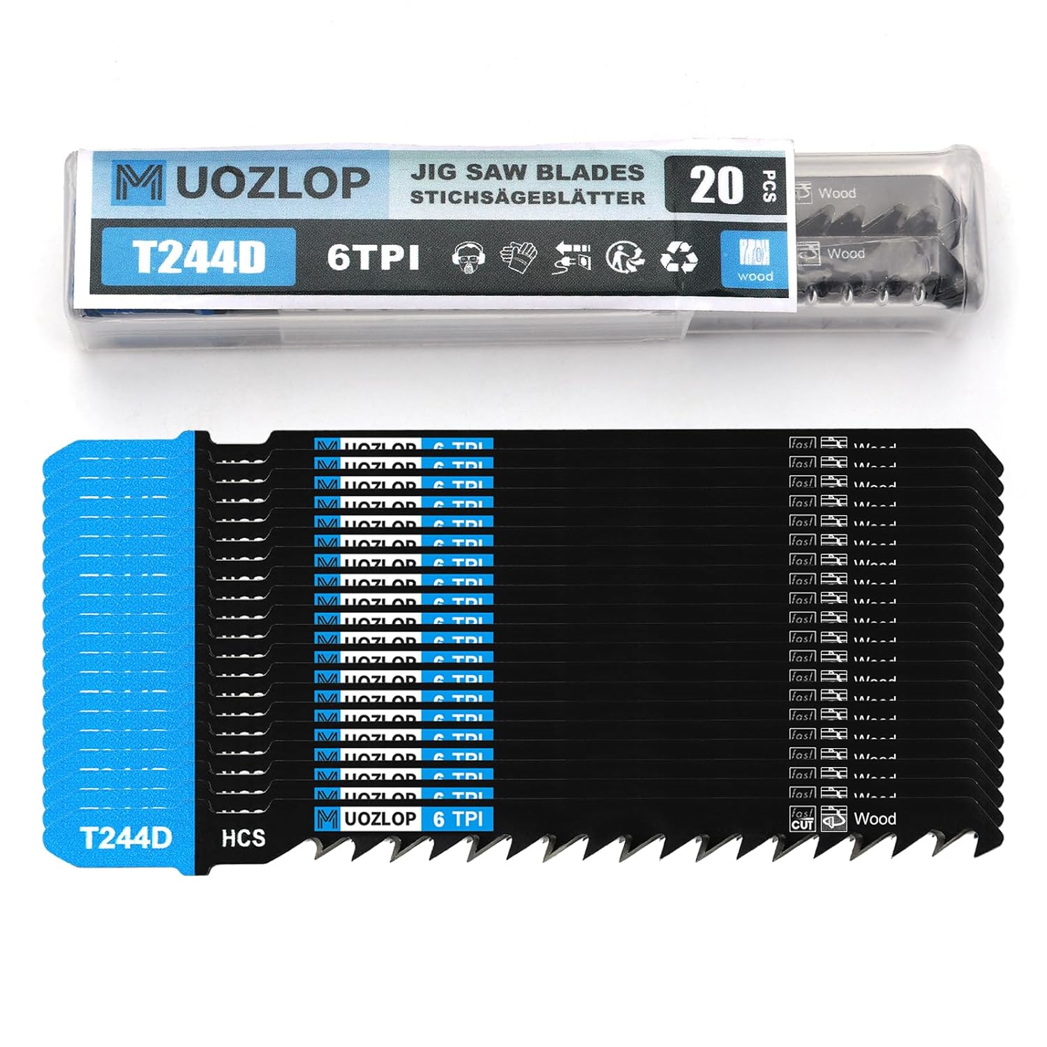 20pcsT244D Jigsaw Blades，6TPI Jig Saw Blades with Storage Case,T-Shank jig Saw Blades for Wood Cutting (20pcsT244D)