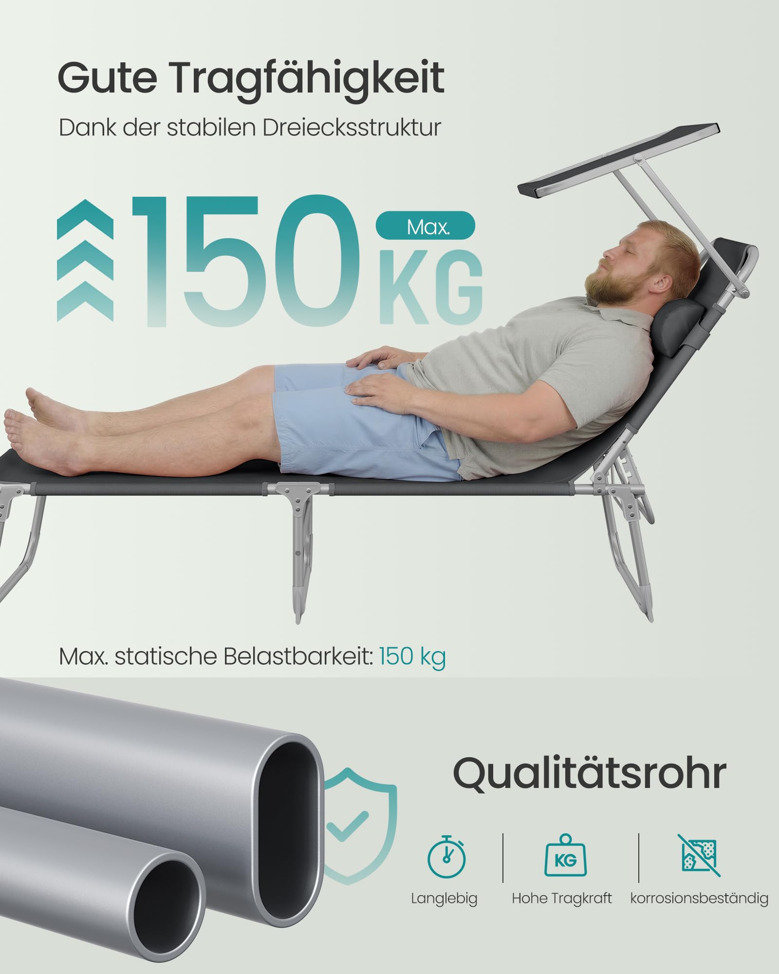 SONGMICS Sonnenliege, klappbarer Liegestuhl, 193 x 53 x 29 cm, trägt bis zu 150 kg, Sonnenschutz, Kopfkissen, verstellbare Rückenlehne, für Garten, Pool, Terrasse, dunkelgrau GCB19UV1