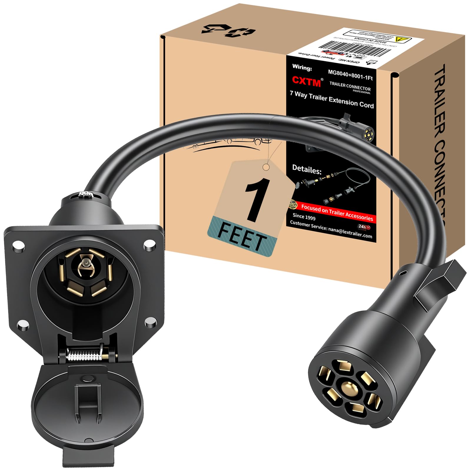 CXTM 7-Way Trailer Extension Cord Wire Cable, 1 Feet 7 Way Trailer Extension Cable, Wiring Harness 7 Prong Tow Wiring Connector Cord 7 Blade Trailer