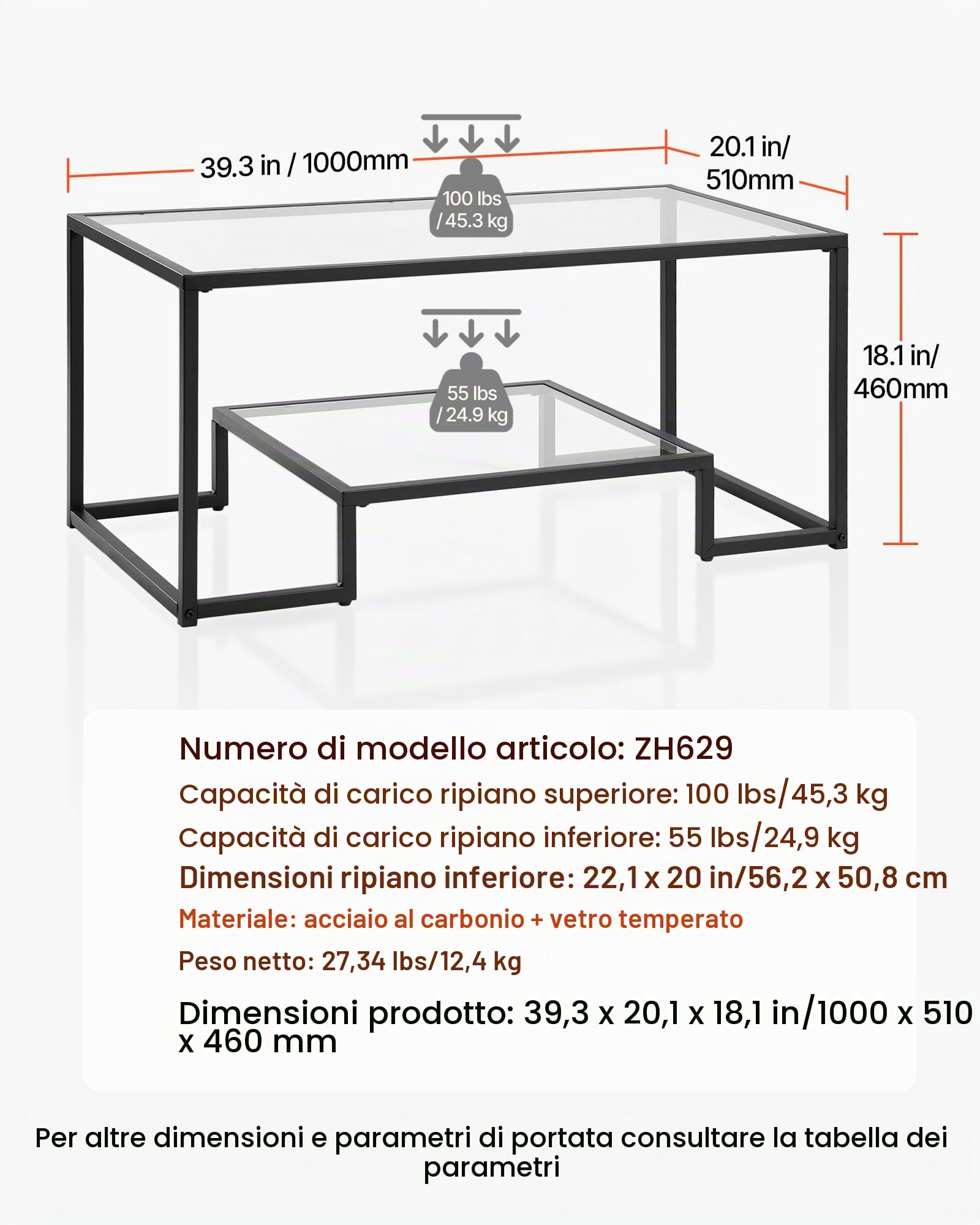 VEVOR Tavolino da Caffè da 100 x 51 x 46 cm in Vetro e Metallo Temperato con Due Livelli e Spazio di Archiviazione Aperto, Tavolino da Salotto Moderno con Struttura per Soggiorno Ufficio Nero