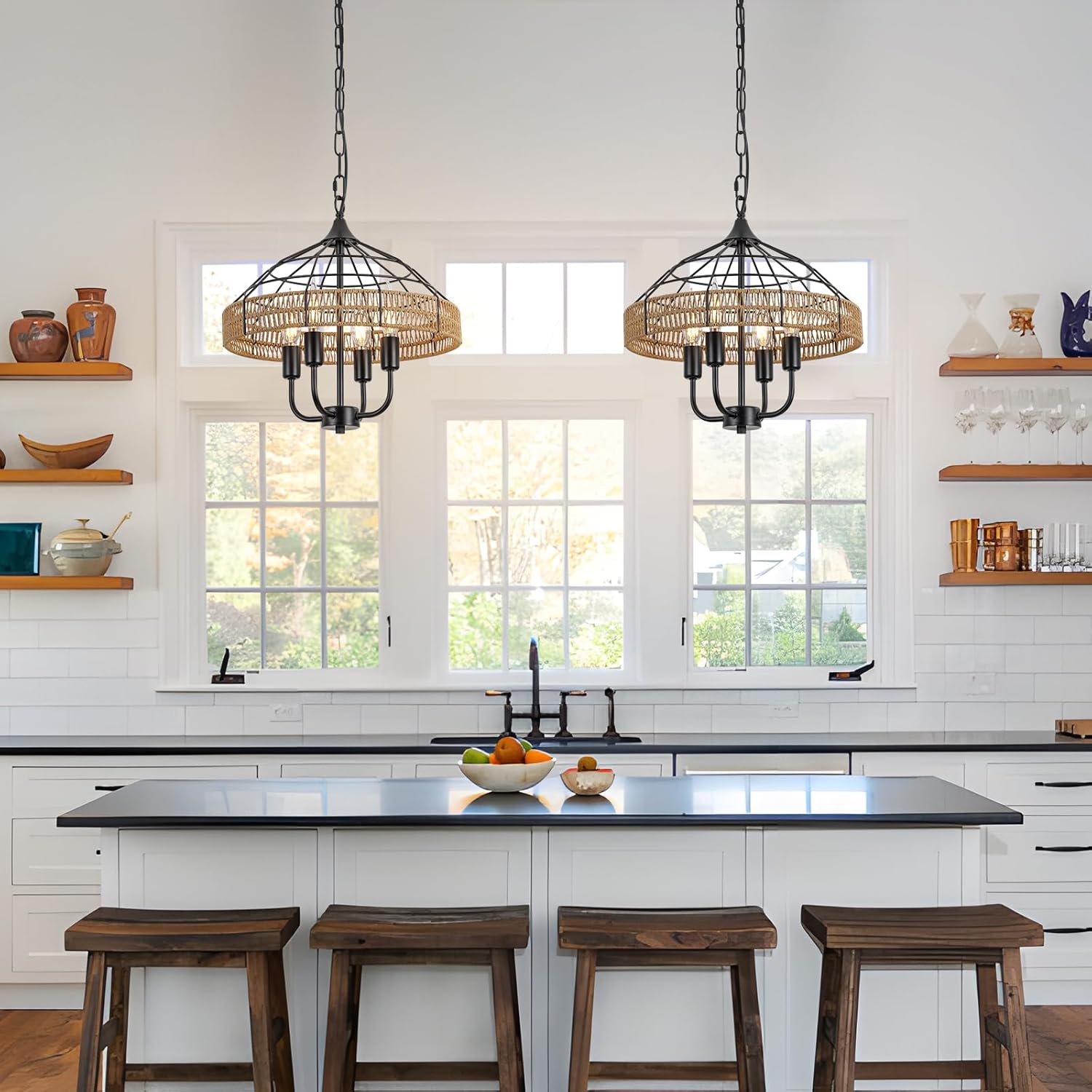 KEESFU Boho Pendant Light Chandelier Light, Farmhouse Rattan Hand-Woven Light Fixture,Adjustable Coastal Hanging Ceiling Chandelier for Dining Room Kitchen Island Foyer.