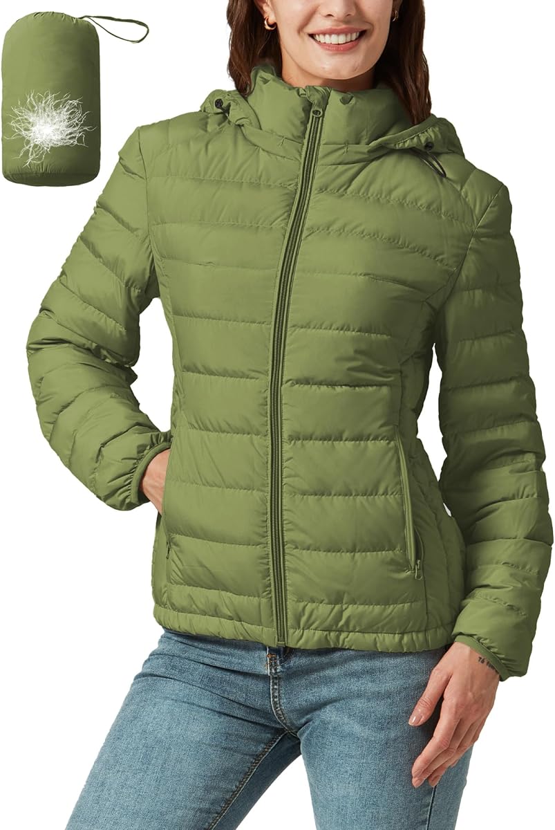 Packable Down Jacket Women Lightweight Quilted Puffer Coat Hooded Travel | inner pocket slim fit storage bag walking dog outdoor activities weekend wear casual multiple colors morning commute fall