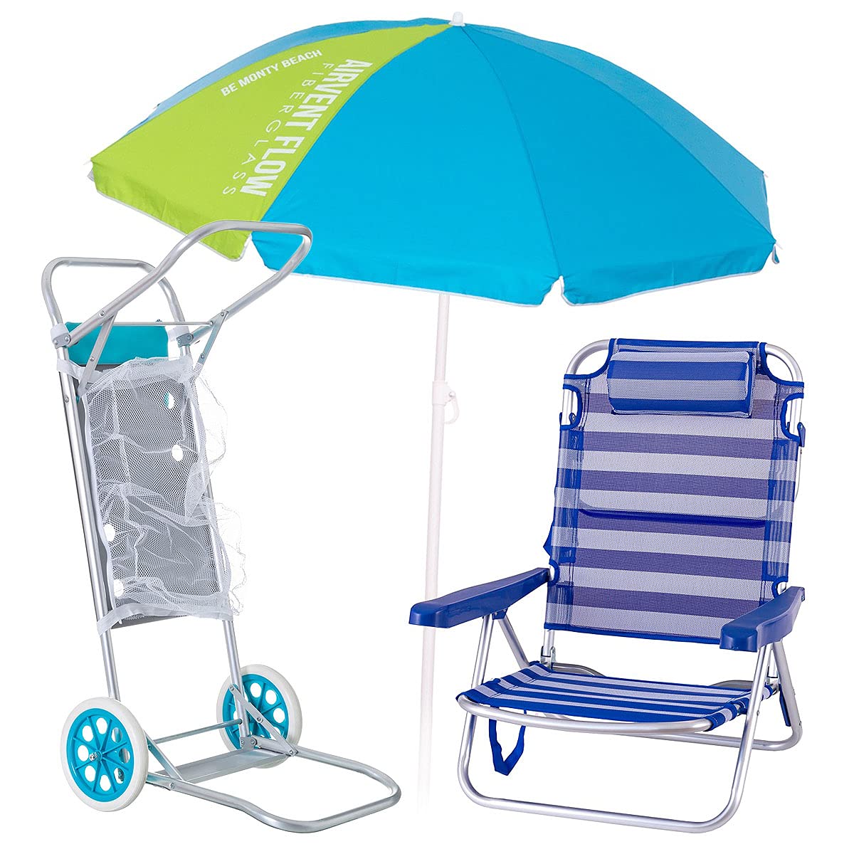 LOLAhome Pack de Silla Playa con cojín de Aluminio y textileno Azul y Blanco, sombrilla de Ø 180 cm. y Carro portasillas