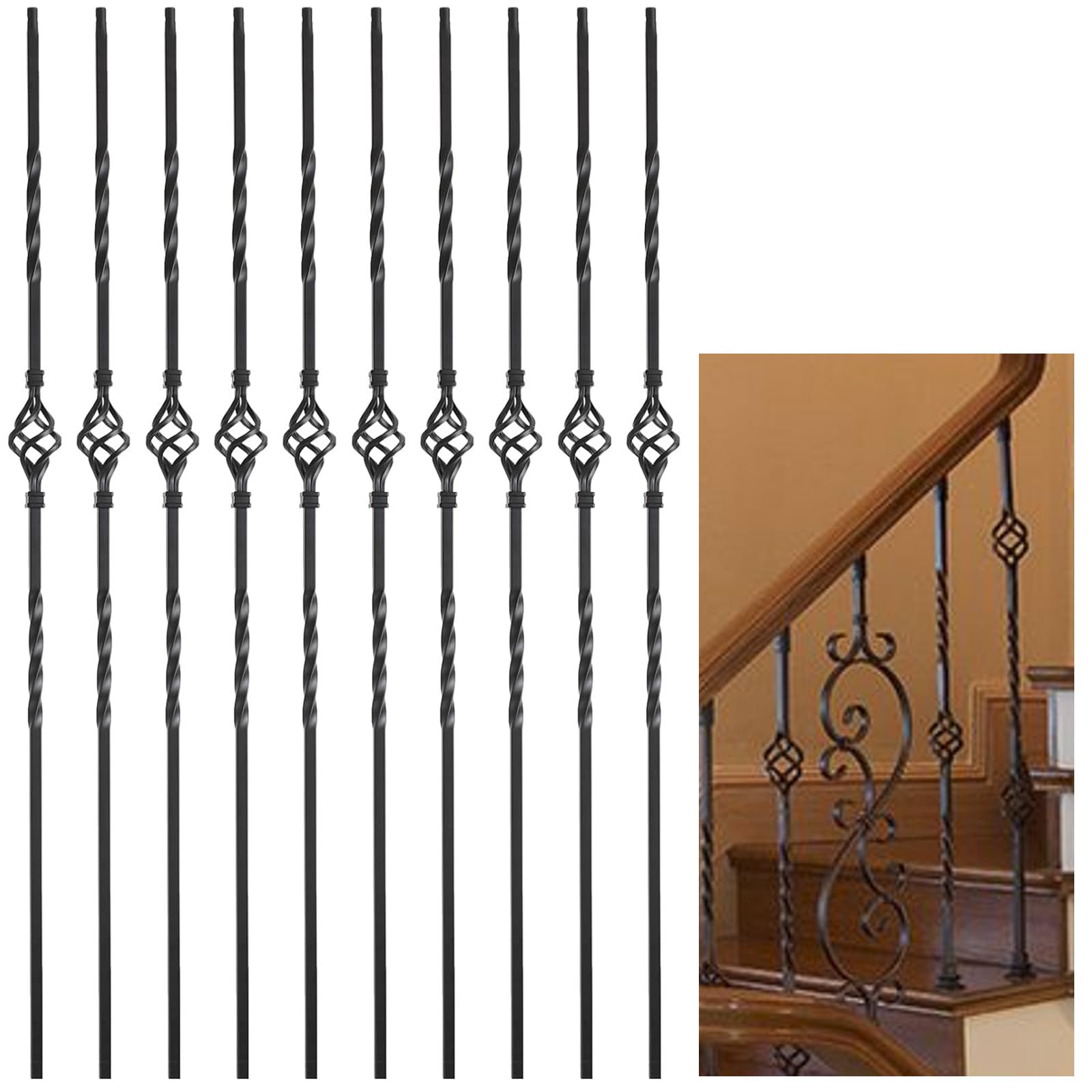 Photo 1 of 10 Pcs Wrought Iron Balusters, 1/2" x 44" Hollow Single Basket Iron Baluster for Staircase Remodel, Matte Black Metal Railing