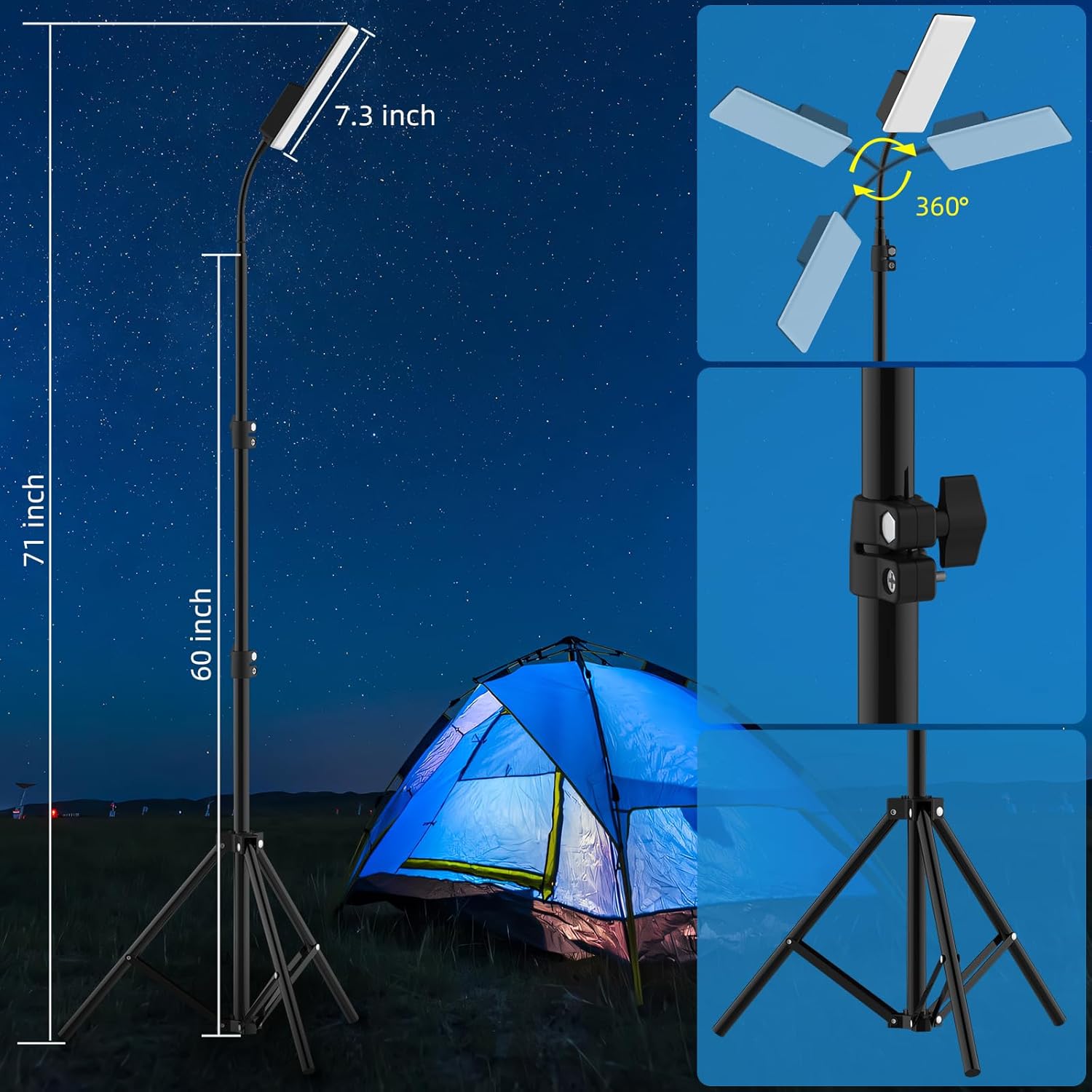 Black 2ft - 6ft Camping Light, Telescoping Lantern Light, 10000mAh Rechargable Work Lights with Stand for Garage Mechanics Workshop Outdoor,Adjustable Metal Telescoping Tripod 6Ft
