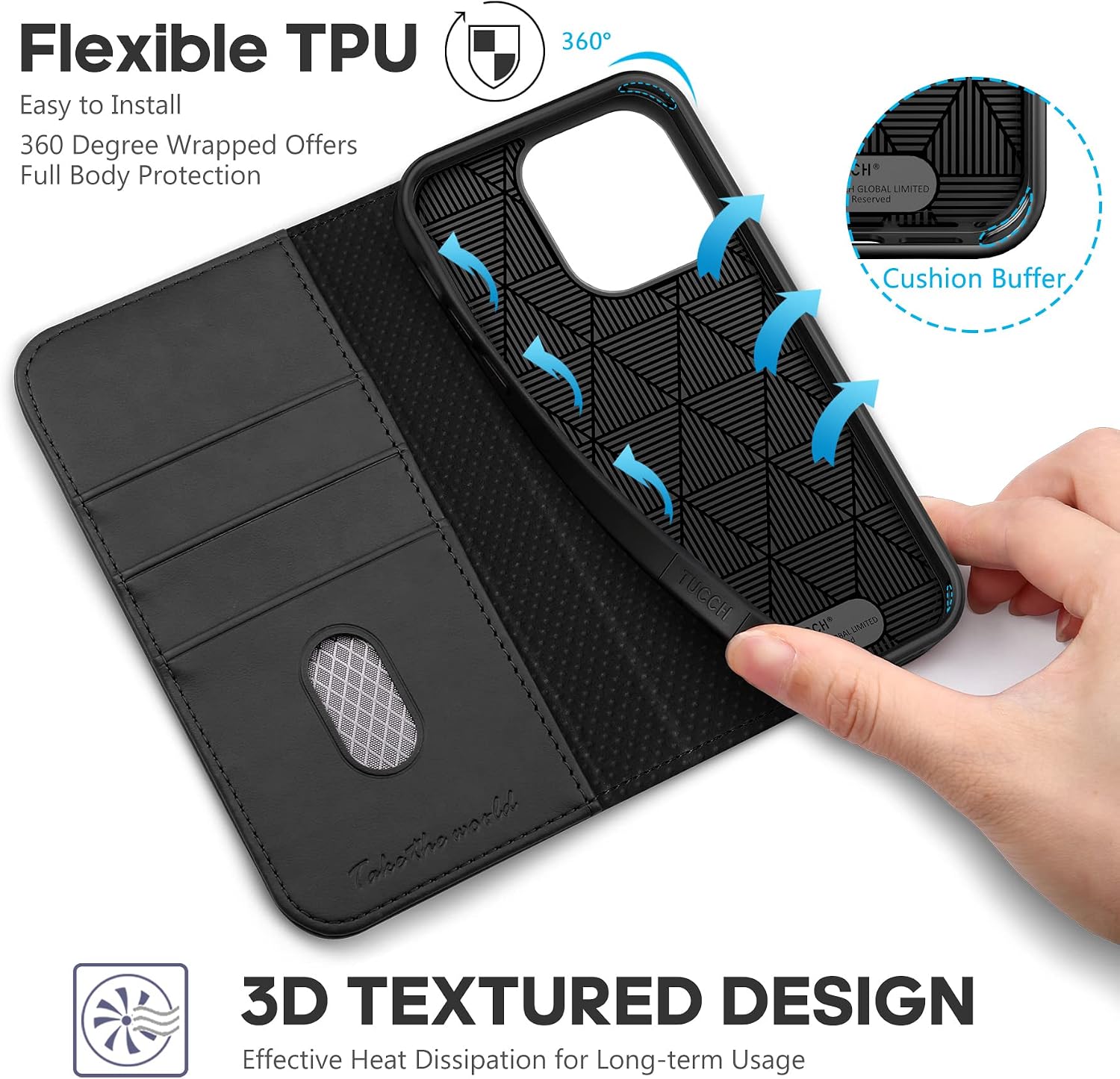 TUCCH Case Wallet for iPhone 14 Pro 6.1", [3 Card Holder] Slots Folio PU Leather Cover, [RFID Blocking] Stand Flip Case with [TPU Shockproof Interior Case] Compatible with iPhone 14 Pro, Classic Black