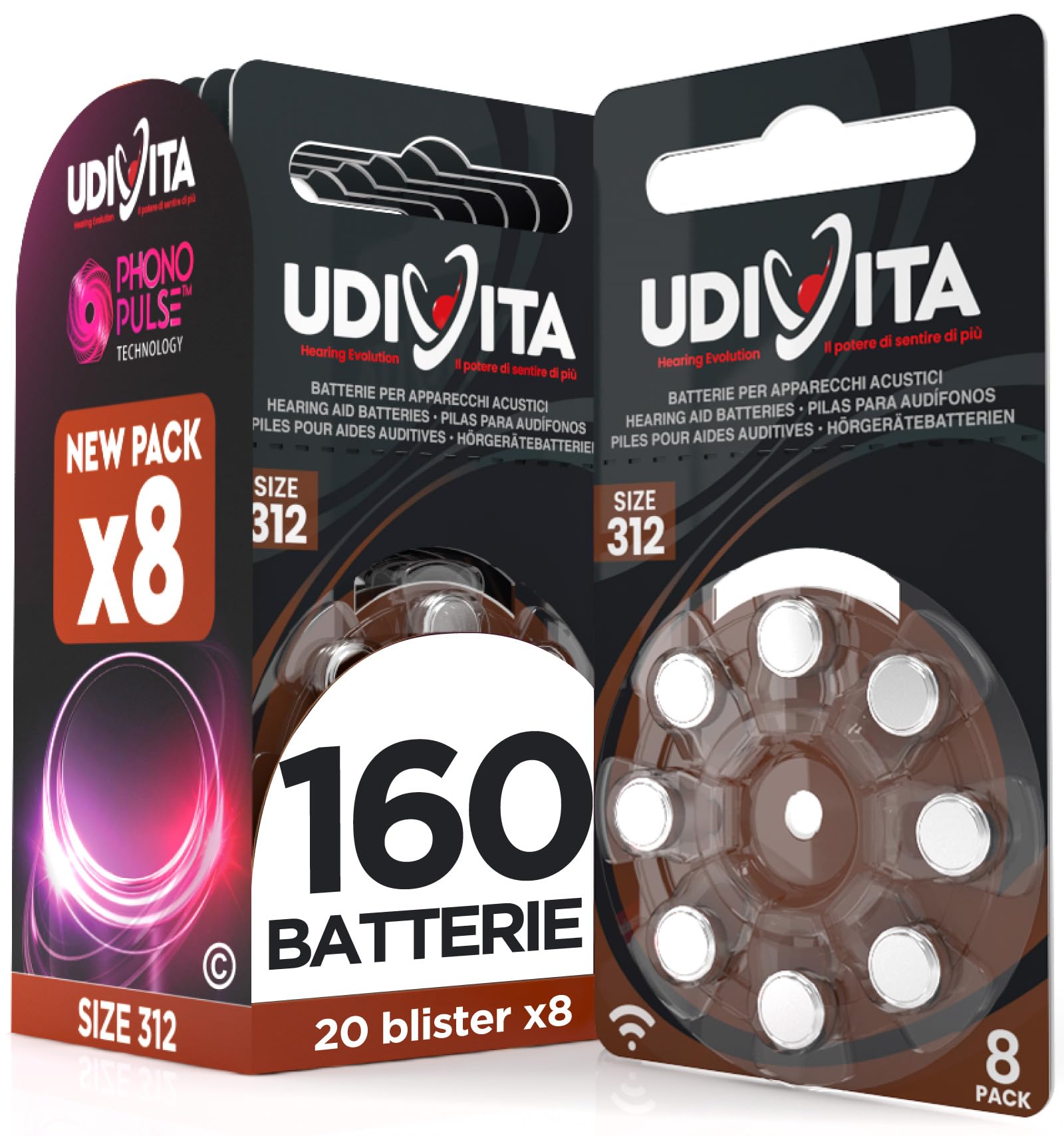 160 Batterie Udivita Misura 312 per Apparecchi Acustici Auricolari (PR41 Marroni - Zinco Aria) con Phono Pulse Technology - 20 Blister da 8 Batterie
