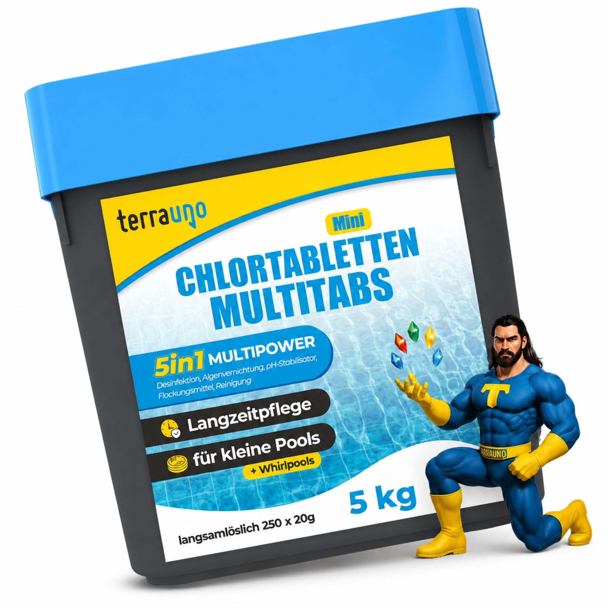 TerraUno Mini Chlortabletten Pool 1 kg, 20g Multitabs 5 in 1 langsamlöslich, Multifunktionstabletten mit Langzeitpflege für Pools, Planschbecken und Whirlpools, Aquamarin für kristallklares Wasser