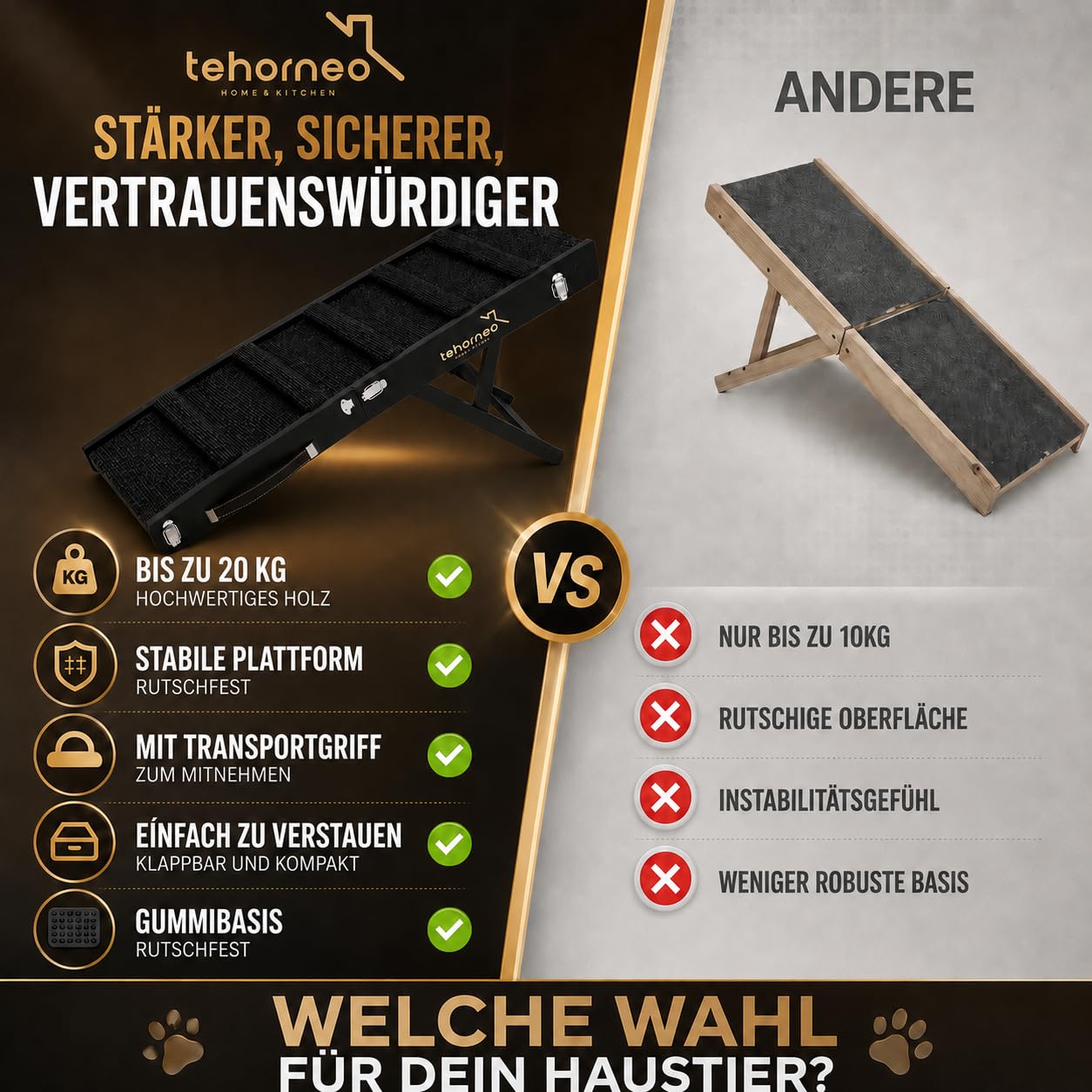 TEHORNEO Hundetreppe für Kleine Hunde, Hunderampe 4 Höhen 25-41 cm, Hunderampe Sofa, Hunde Rampe Bis 20 kg, Hundetreppe, Katzentreppe für Alte Katzen, Katzentreppe, Hunderampe Bett, Dog Ramp