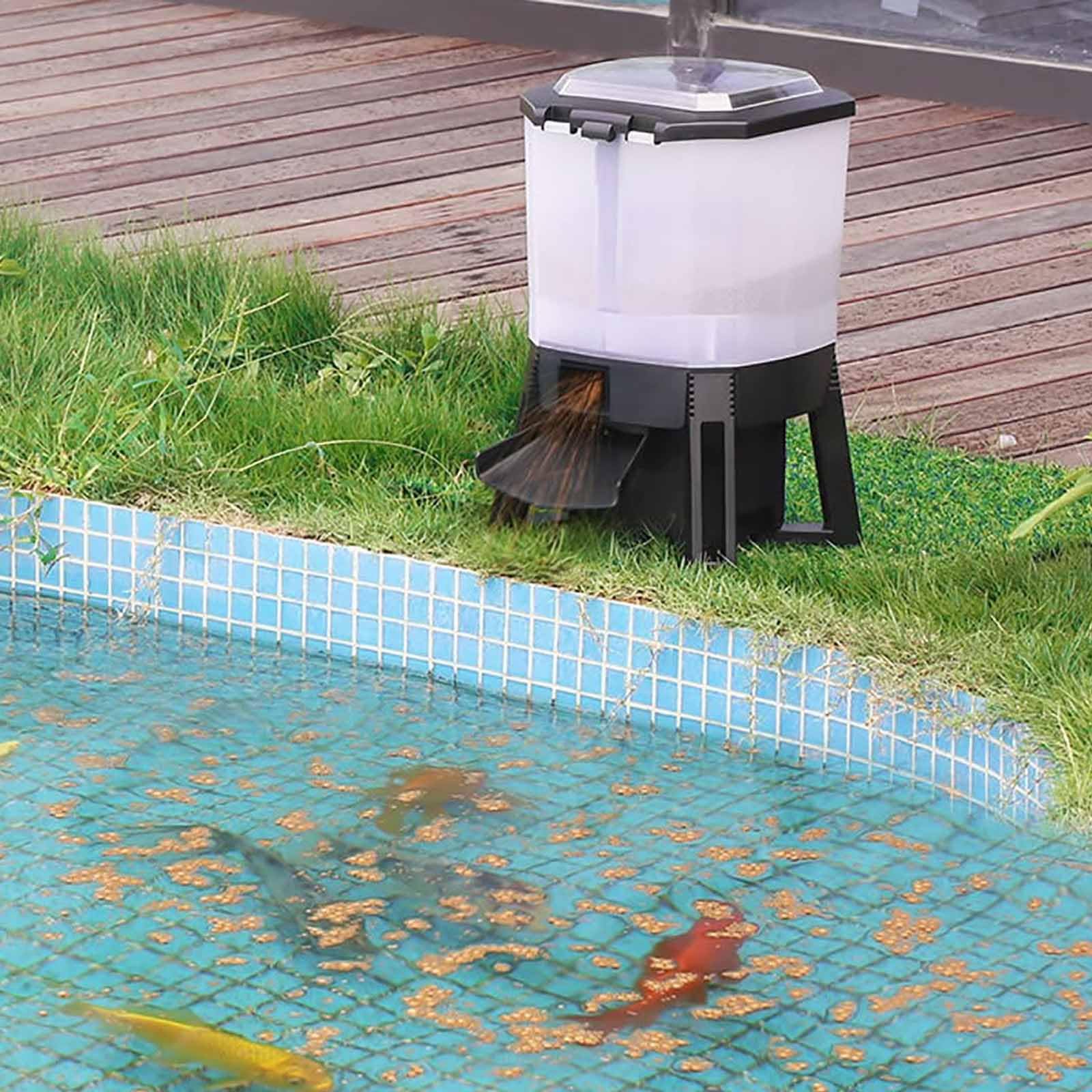 ERICAT Dispenser Automatico Solare per Mangime per Pesci da Laghetto da 6 Litri, Dispenser Elettrico per Mangime per Pesci con Display LCD E Timer, Alimentazione Dispersa a 120° E 6 Tempi