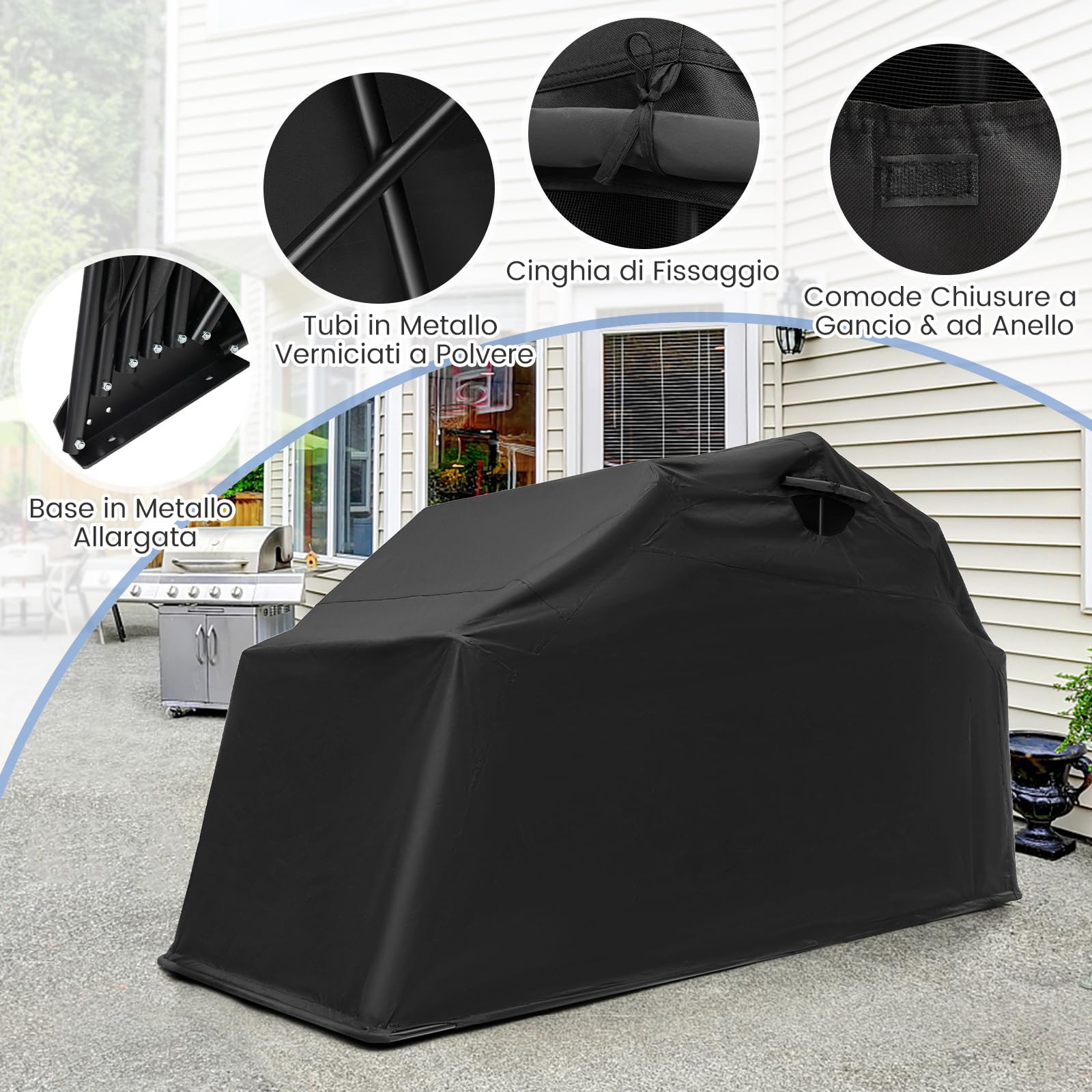 COSTWAY Telo Moto per Esterno, Garage per Moto con Copertura in Tessuto Oxford, Finestre a Rullo in Rete, Portatile e Impermeabile, 342 x 137 x 193 cm