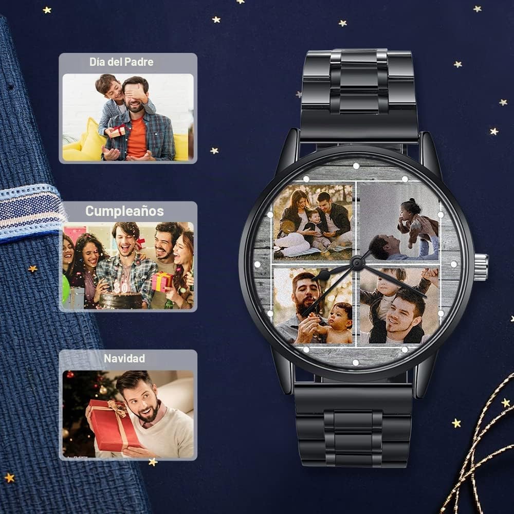 lorajewel Reloj de Hombres Personalizado Nombre Fecha Foto,Cronógrafo Deportivo de Cuarzo Moda Negocio Impermeable Relojes de Pulsera Acero Inoxidable Negro para el día del Padre