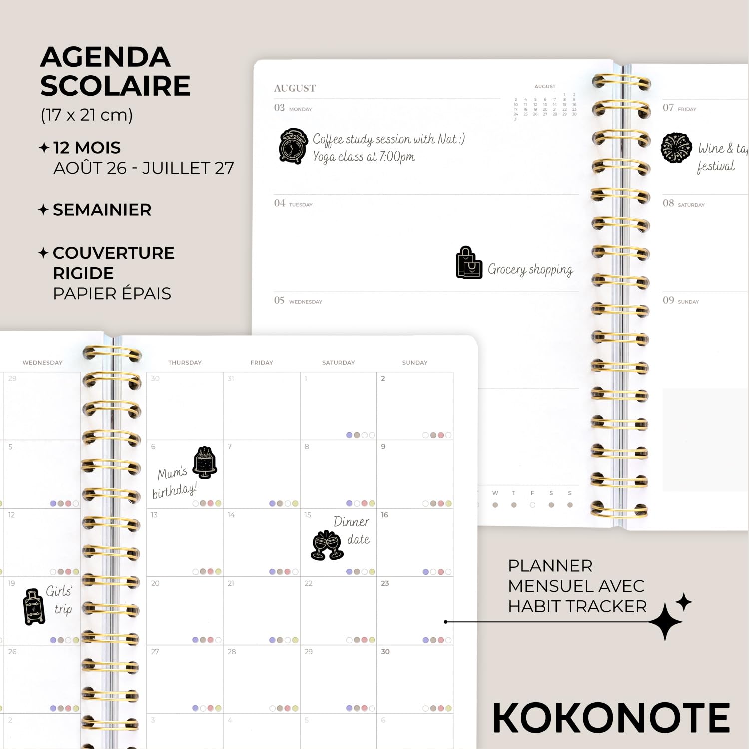 Kokonote - Agenda Semainier 2026 2027 | Weekly Planner, Agenda 2026 2027 Étudiant, Fourniture Scolaire Université
