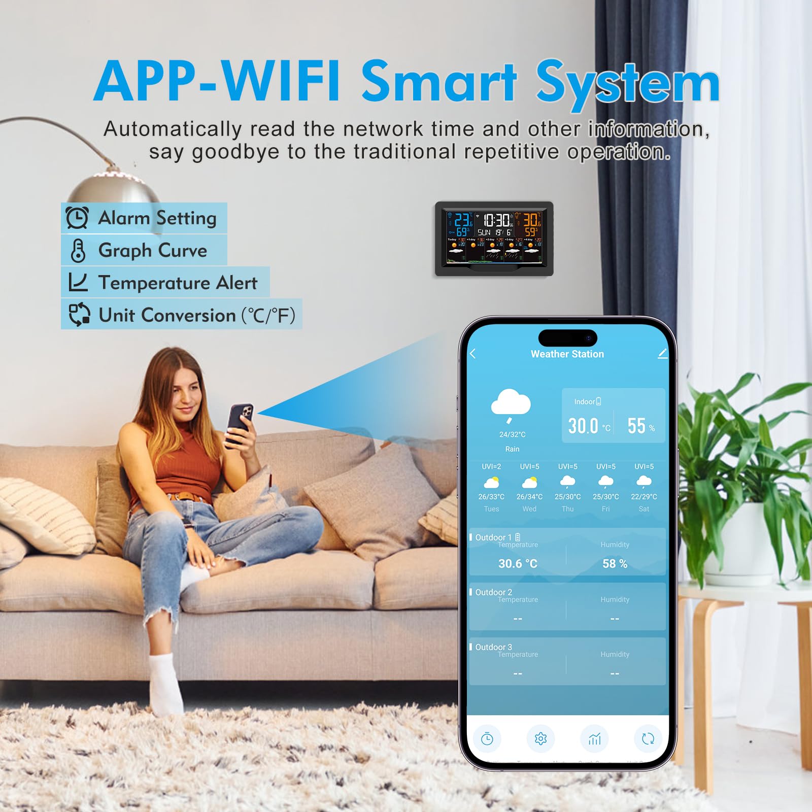Stazione Meteo con Sensore Esterno Interno, Smart WiFi Stazione Meteorologica Display a Colori con Temperatura, Umidità, Tempo Data, Sveglia, Previsioni del Tempo, Allarme Temperatura Massima/Minima