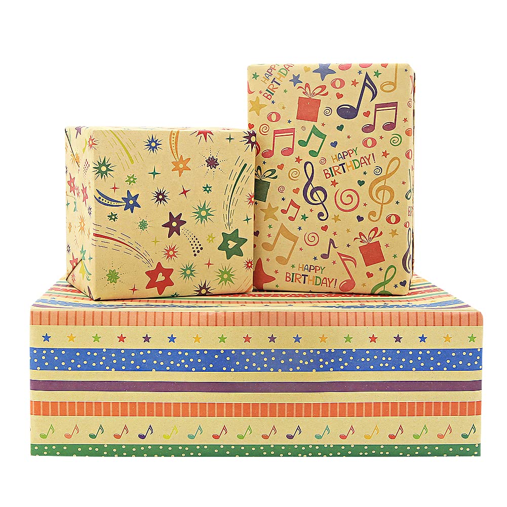 Birthday Wrapping Paper, Happy Gift Wrap For Men Women Girls Boys, 8 Sheet Recyclable Premium Classic Kraft Wrapping Paper For Birthday Party Baby Shower(50 * 70cm