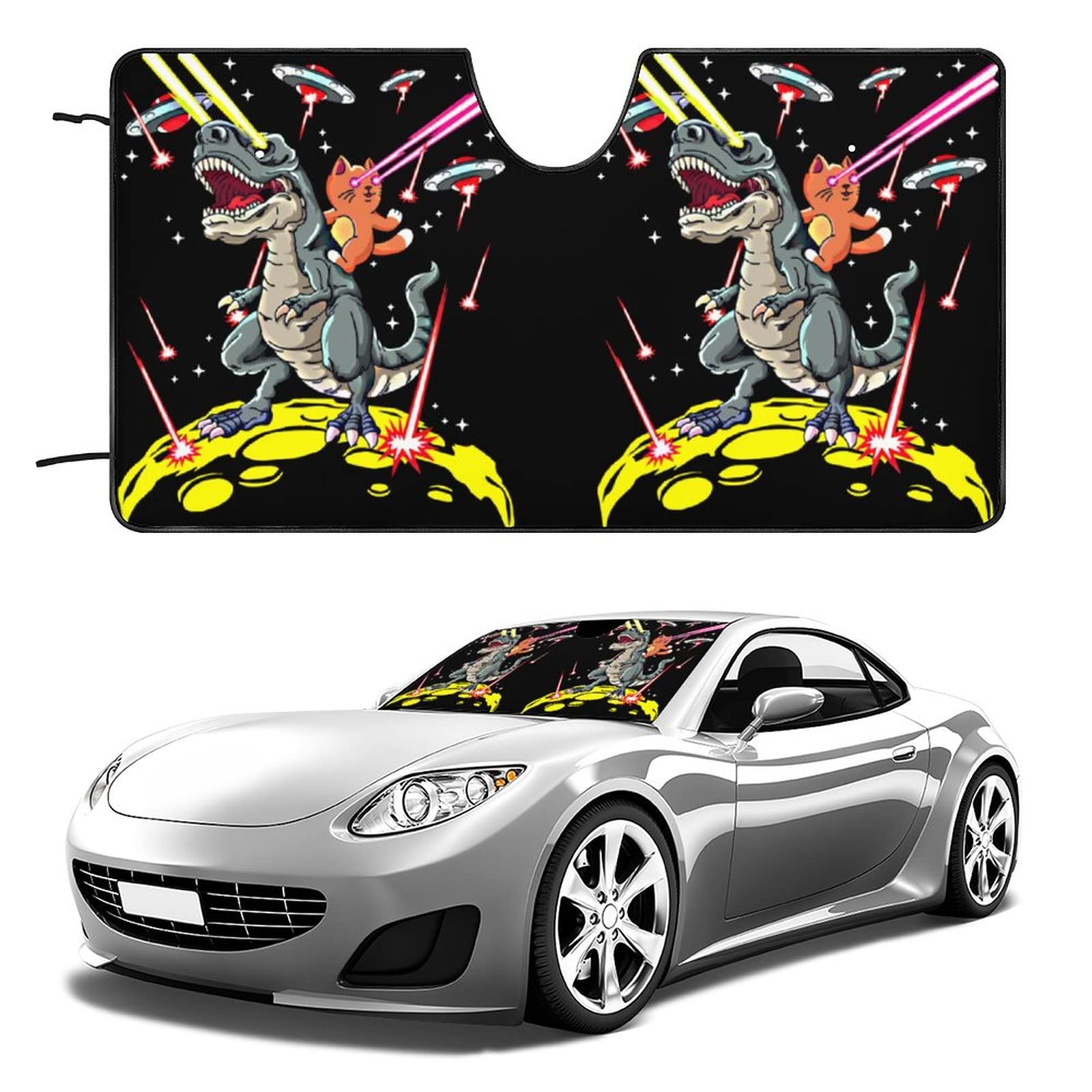 Space Laser Eyes Cat Riding T-Rex Printed Car Windshield Sun Shade Foldable Vehicle Front Window Heat Insulation Cover
