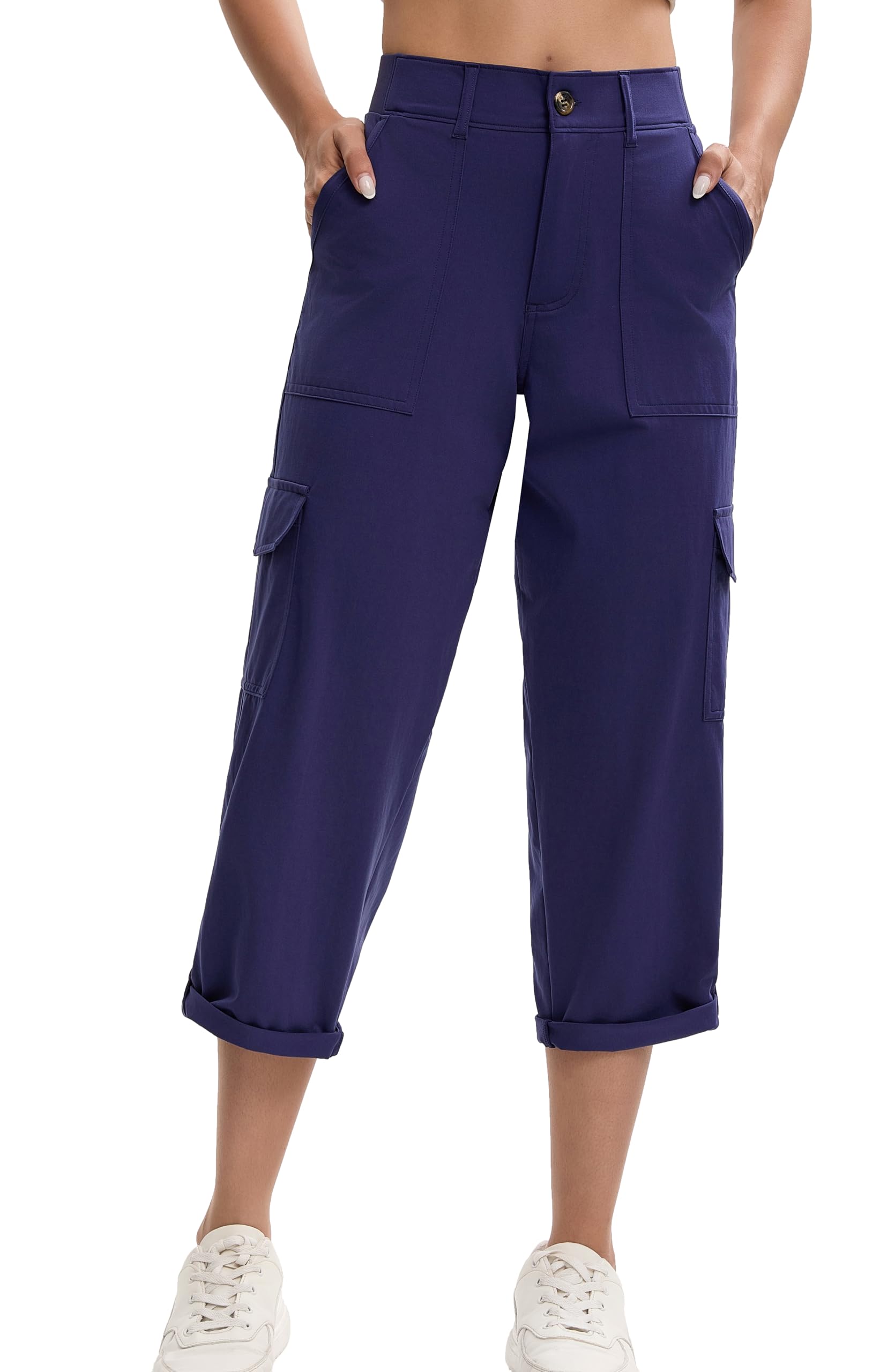 Oalka Womens Cargo Capri Pants Relaxed Fit Knit Waist Cropped Pant Casual Hiking Capris