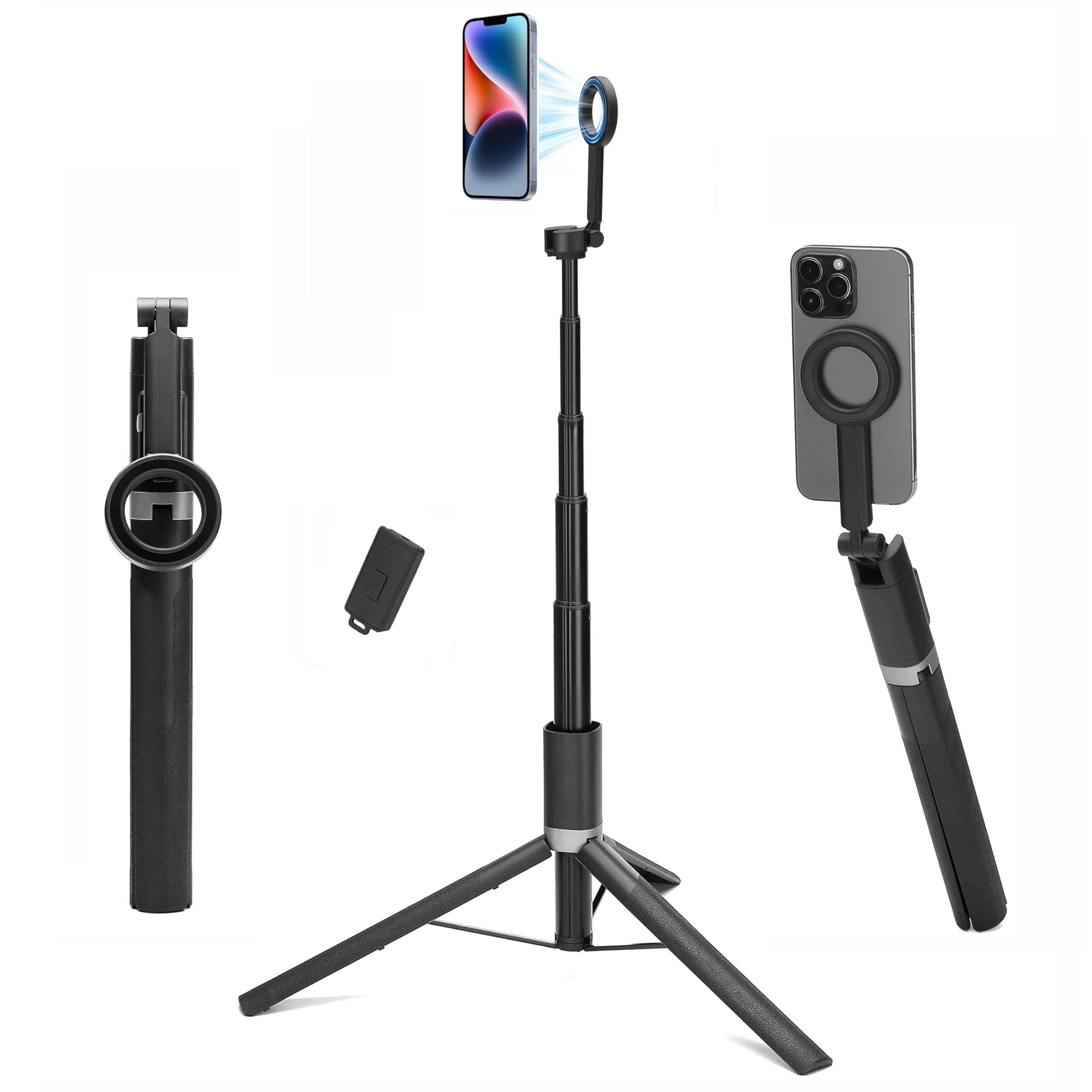 Trípode magnético de 65 pulgadas para iPhone con control remoto, trípode de palo selfie, trípode magnético para teléfono celular para TikTok/Vlog/grabación de video, compatible con iPhone y Android