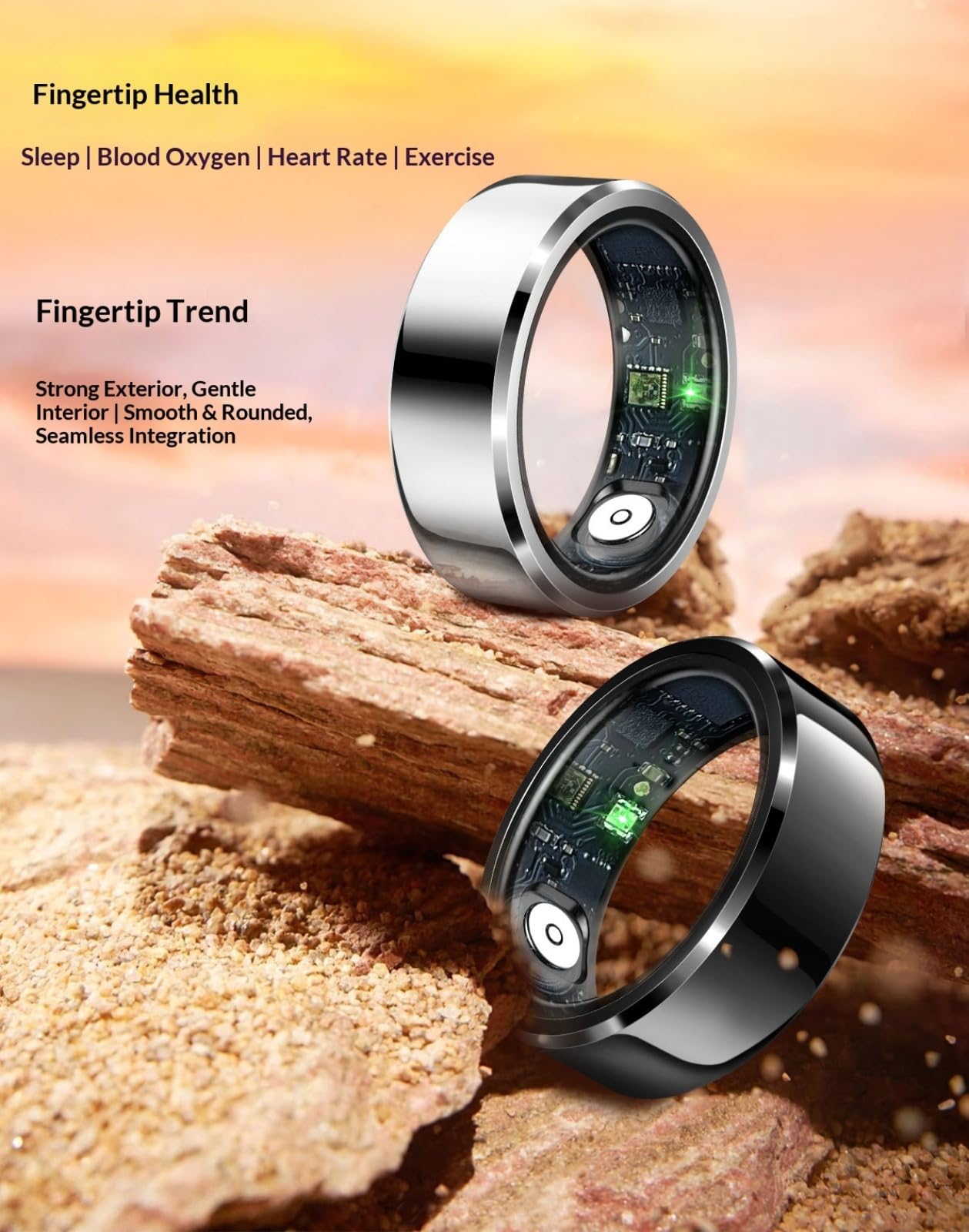 La custodia di ricarica dedicata allo smart ring è impermeabile IP68 e include monitoraggio del sonno, frequenza cardiaca, pressione sanguigna e monitoraggio dell'ossigeno nel sangue, un contapassi e