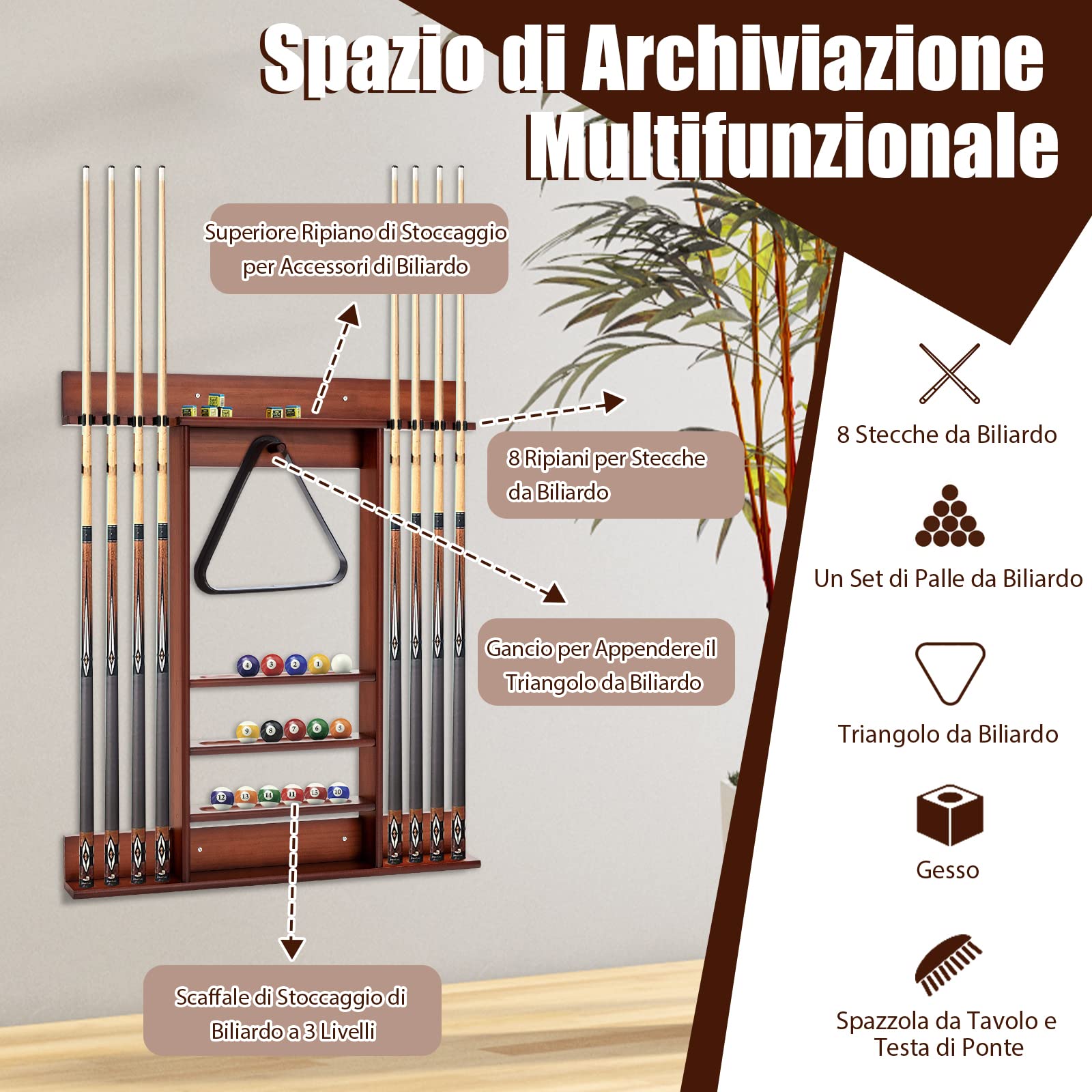 GYMAX Porta Stecche per Biliardo in Legno Massello, Portastecche da Biliardo a Parete, Può Ospitare 8 Stecche, 15 Palle da Biliardo e 1 Portapalle, Autoportante per Bar, Club, 79 x 8 x 91 cm (Marrone)