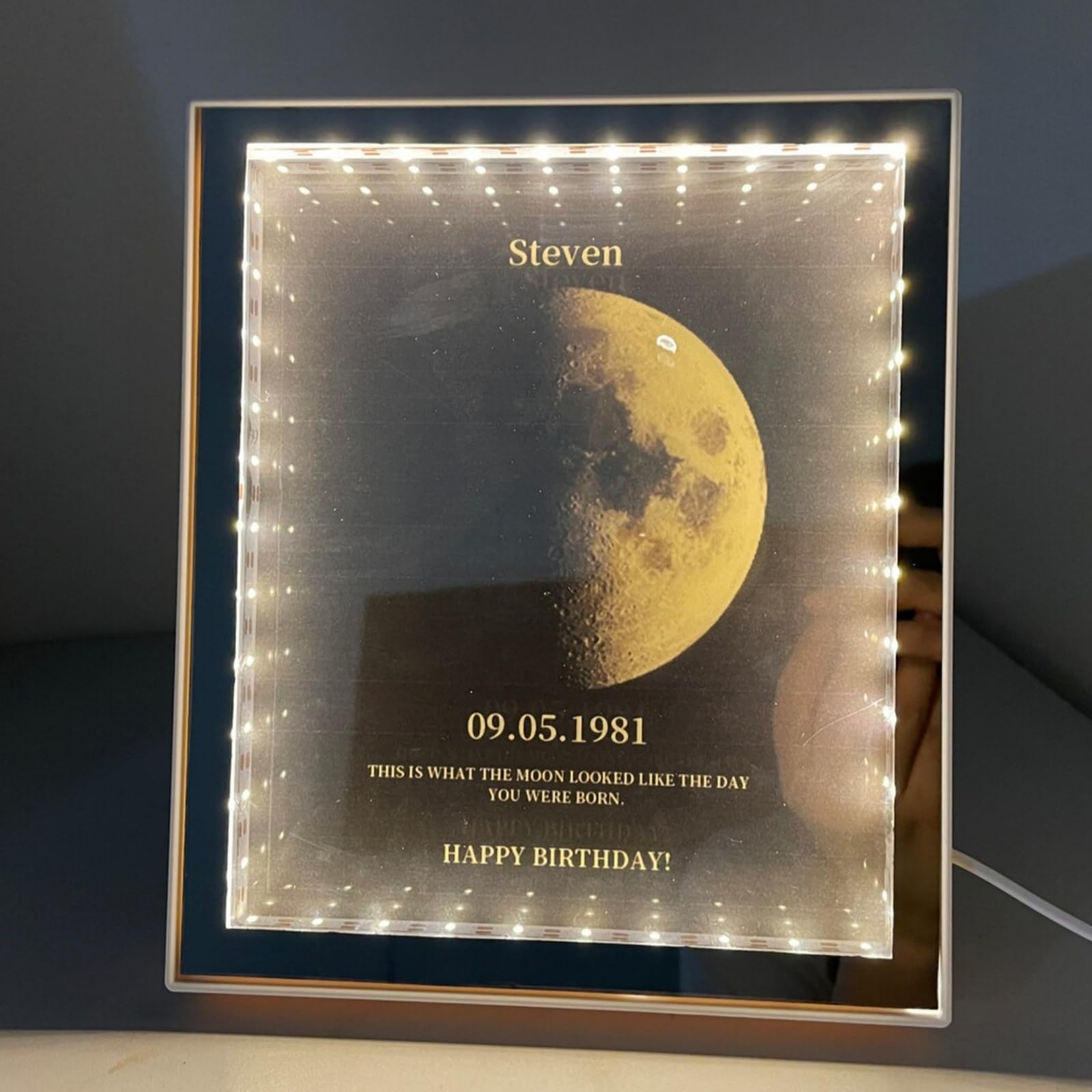 ELLENWELL Custom Led Mirror Frame Lamp, The Day You Were Born Moon Phase Wall Art, Personalized The Day We Met Moon Phase Frame Light, Birthday Gift(8.5X12)