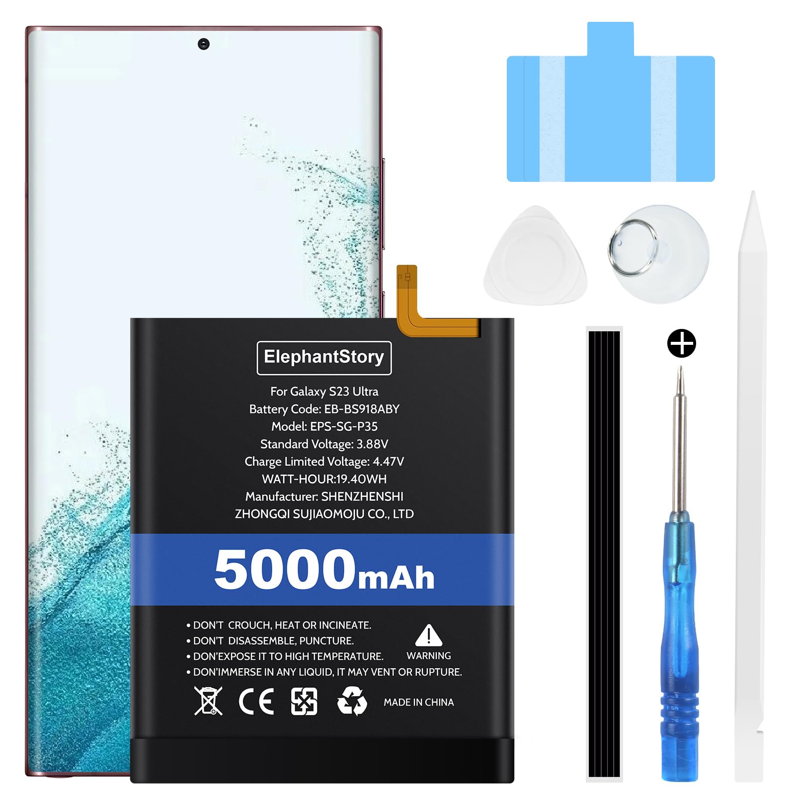 ElephantStory Batería para Samsung Galaxy S23 Ultra SM-S918B, 5000 mAh Código de Bateria EB-BS918ABY Batería de Polímero de Litio de Repuesto con Kit de Reparación