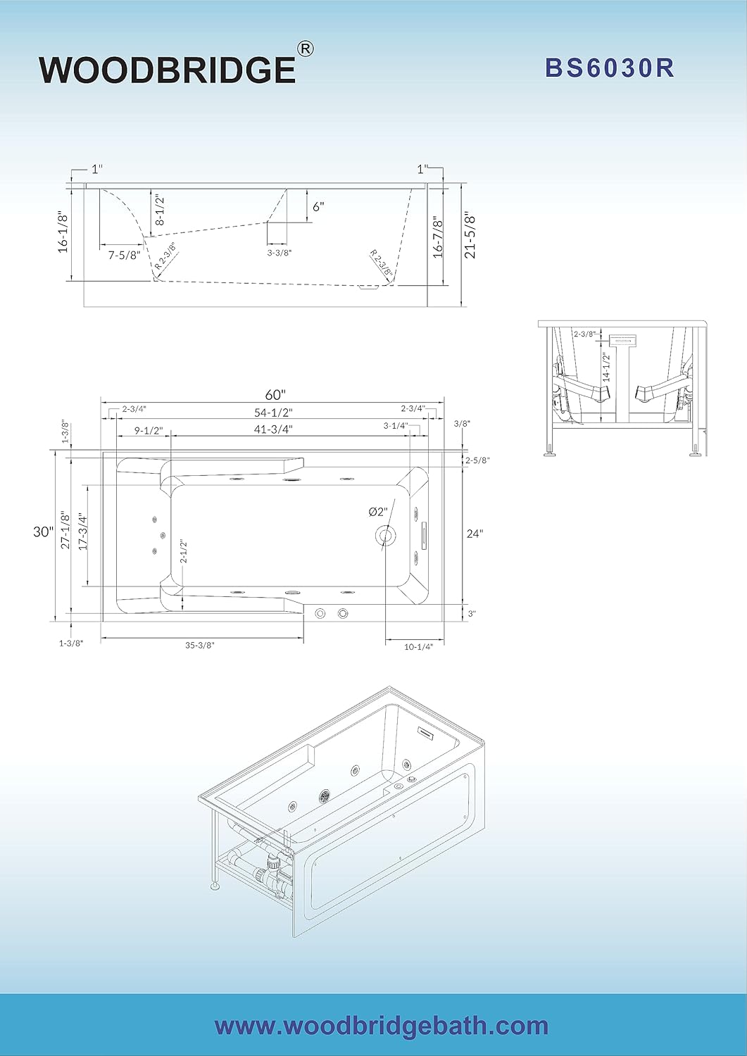 Technical dimension diagram for WOODBRIDGE BS6030R tub