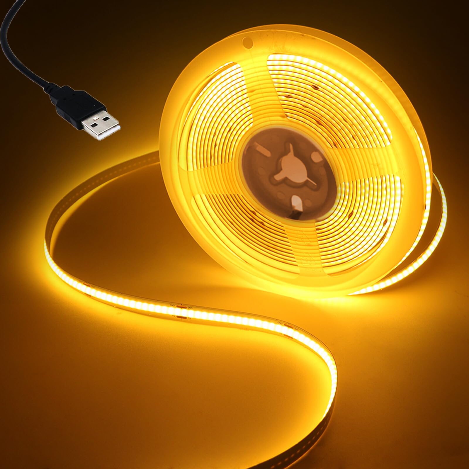 Wisada 5V USB COB LED Strip [3M, Yellow], USB Powered, 320 LEDs/M Cuttable Flexible FCOB LED Fairy Light CRI85+, Bedroom Cabinet Kitchen TV Background Decoration-Power Supply Not Included