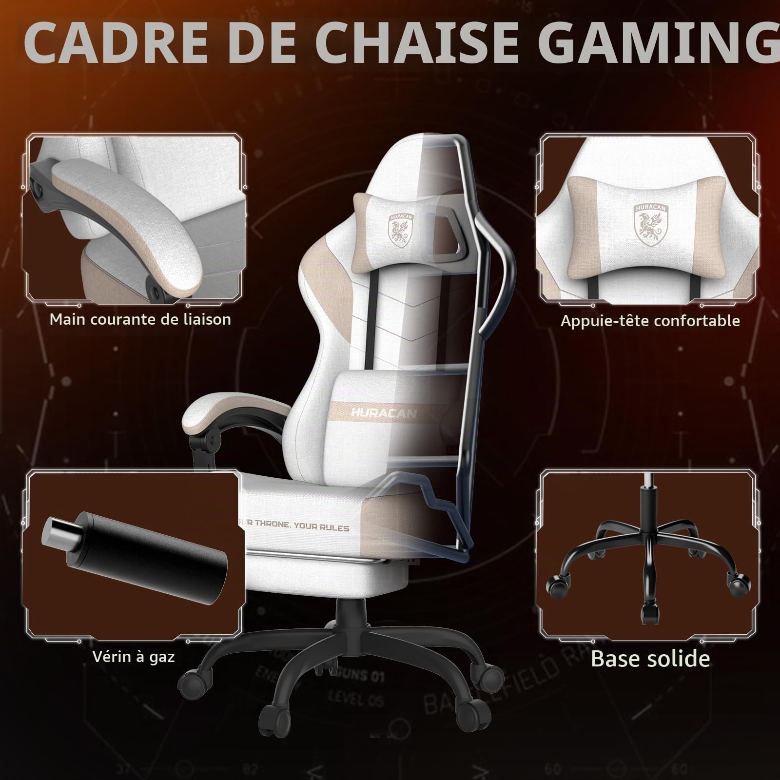 Verdego Chaise Gaming Ergonomique, Fauteuil Gaming avec Coussin Lombaire Massant, Repose-Pieds Rétractable, Accoudoirs Réglables, Tissu Cuir, Chaise Gamer Dossier Inclinable 135°, Beige Kaki