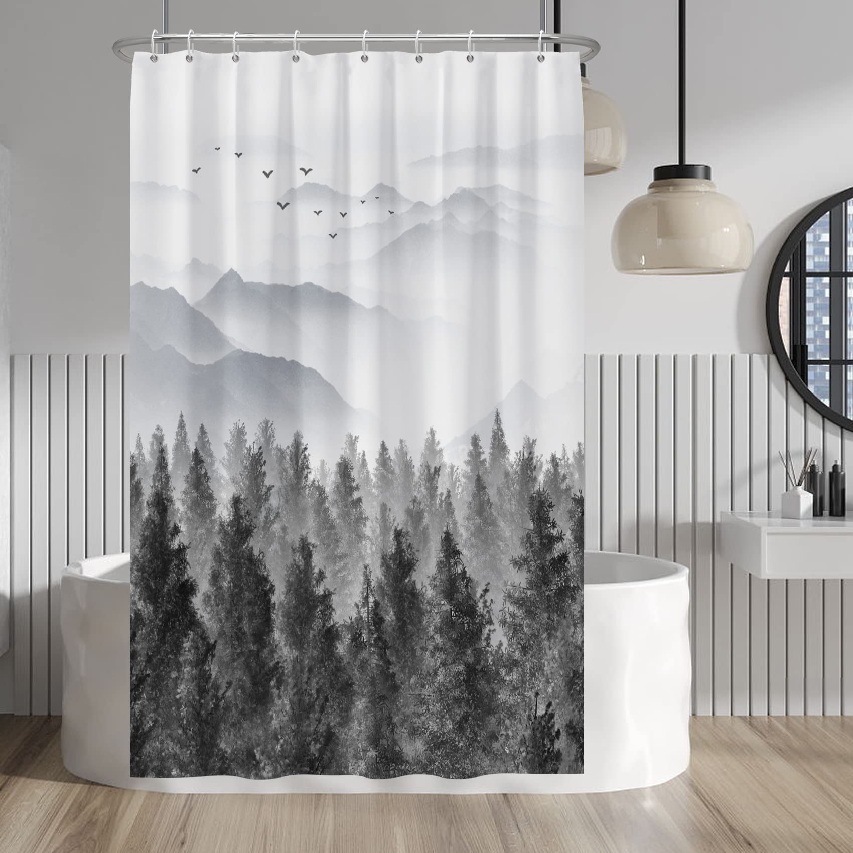 Baocicco Grey Forest Mountain Shower Curtain Watercolor Misty Forest Nature Tree Mountain Landscape Shower Curtains for Bathroom Waterproof Fabric