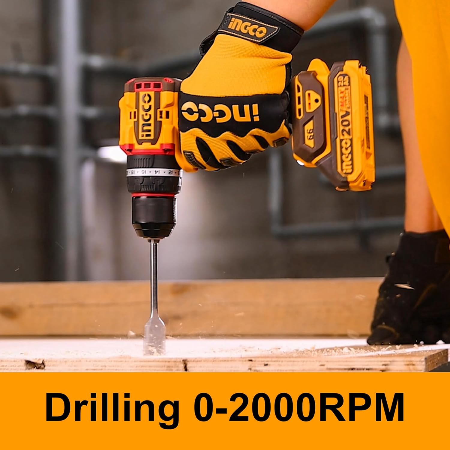 Close-up of INGCO impact drill performing drilling at 0-2000 RPM