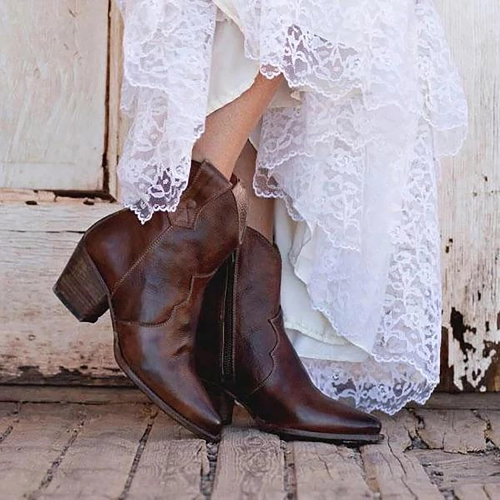 Botines para mujer con tacón, botas de vaquero para mujer, de piel sintética, botas occidentales, botas de vaquero, botas de mujer, con cremallera, botas de piel de caña corta, botines de tobillo
