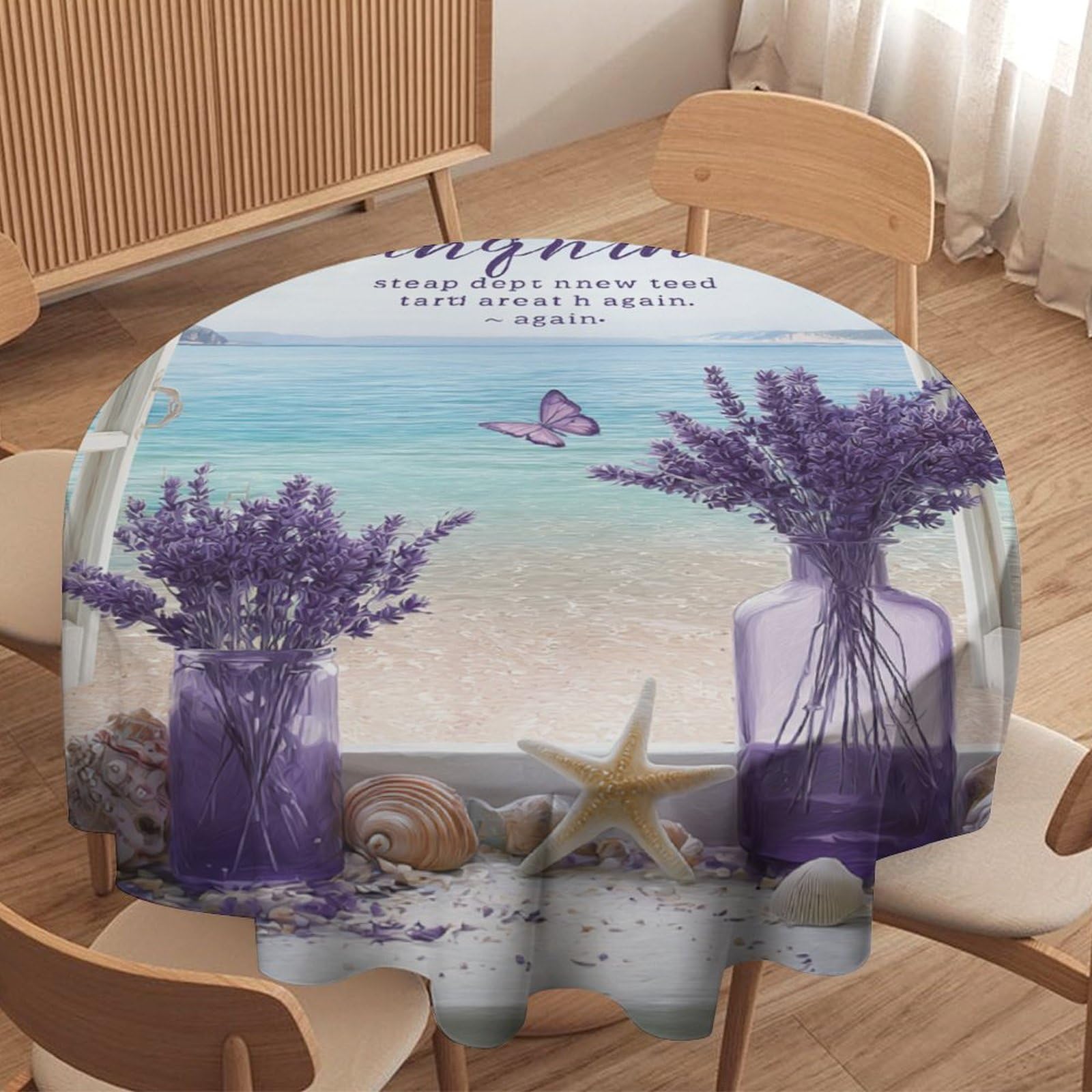 LUYYSKY Funny Realistic Window Seaside Waterproof Round Tablecloth Modern Classic Summer Nautical Landscape Plant Lavender Lilac Washable Table Cover for Kitchen-91.4" Wx91.4 L cm