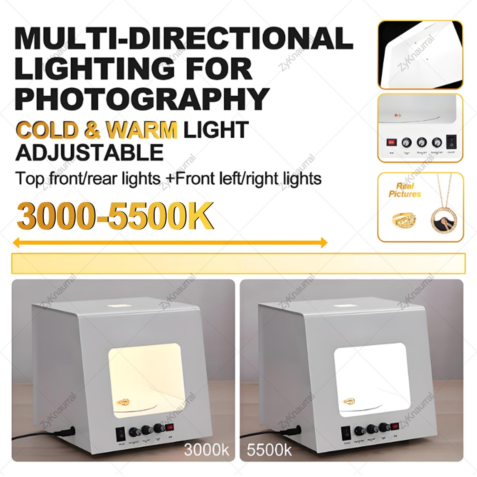 Kit per fotografia di gioielli, tenda da tiro portatile dimmerabile con 4 luci di riempimento, luminosità regolabile per studio domestico, piccola softbox per esposizione gioielli