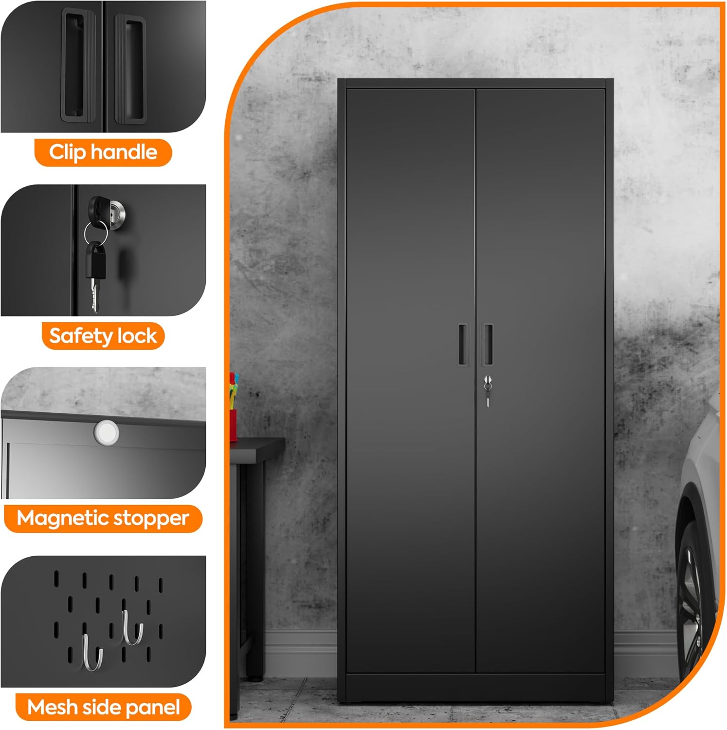 Aobabo Broom Closet Storage Cabinet, Lockable Garage Storage Cabinet for Home Garage, 71.37" H×33.93" W×16.92" D, Assembly Required, Black