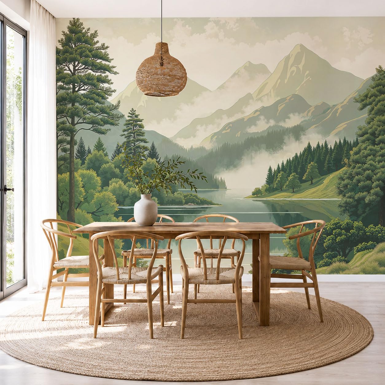 Papier peint panoramique montagnes forêts peinture paysage japonais vert salon chambre XXL
