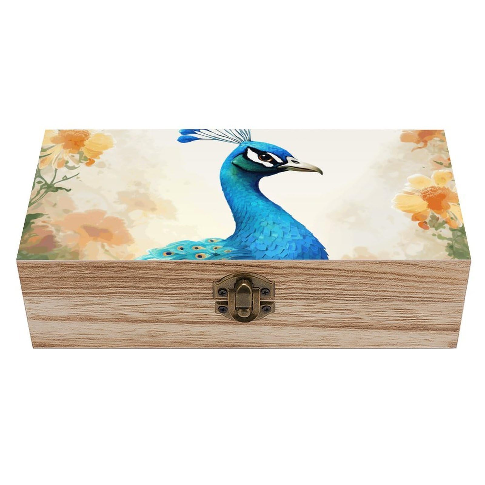NONHAI Wooden Storage Box Cartoon Blue Peacock Wood Gift Box with Hinged Lid Vintage Decorative Jewelry Boxes Memory Box for Jewelry Art Hobbies Home Storage Treasure Keepsake Gift 7.9''x3.9''x2.3''