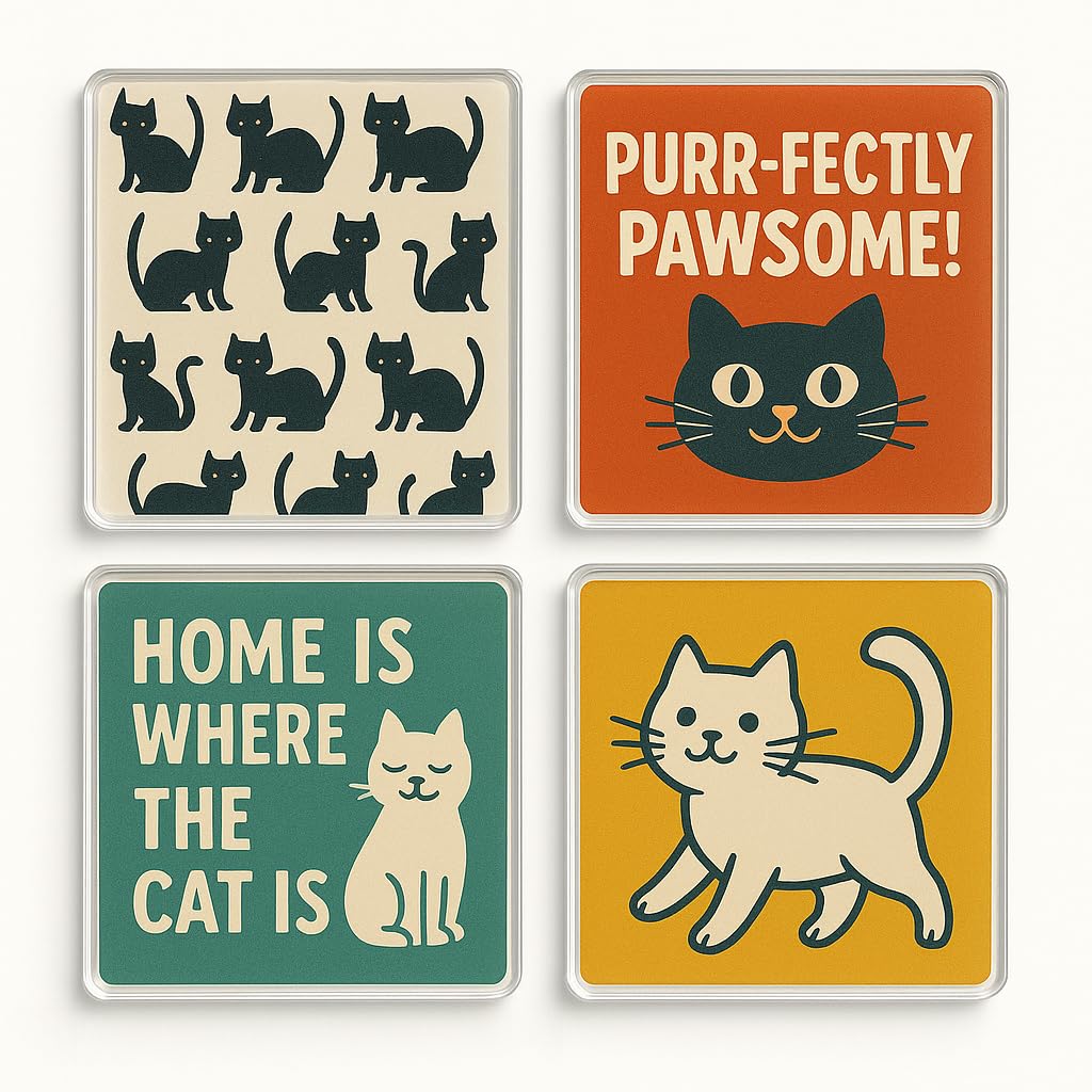 The Plum Penguin Whisker Delight Acrylic Coaster Gift Set Of 4 With 50S Retro Cat Designs - Whimsical Pet Lover Home Decor For Cat Mum's Delight