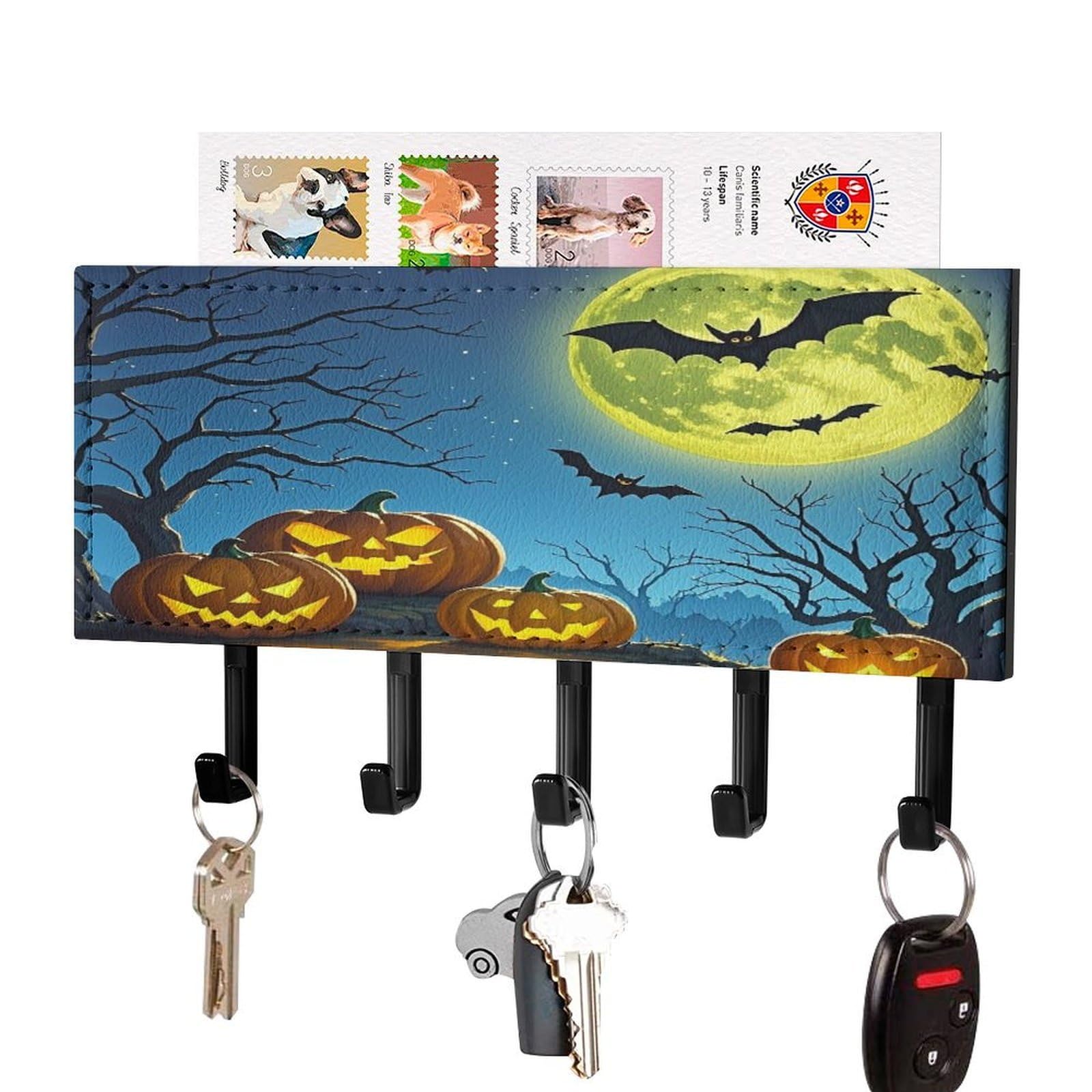 Fekiloot Black-Style Strange Night Key Holder Wall Mount Key Hooks For Wall Decorative With 5 Hooks Pu Mail Rack Organizer With Shelf For Entryway Mudroom Hallway Office 7.1X4.3 In