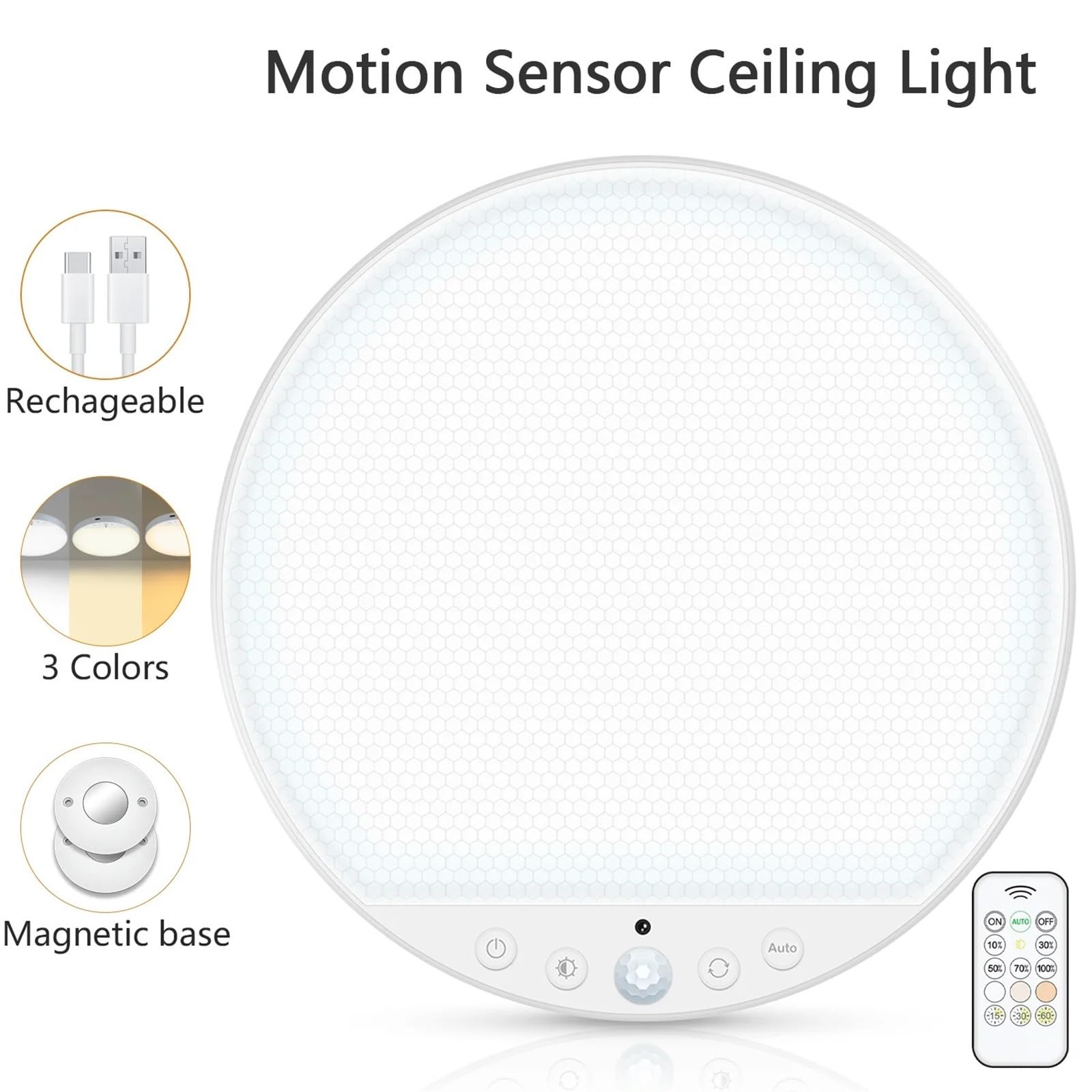Plafon LED Techo,Luz LED Techo Lámpara de techo con sensor movimiento recargable 8 W y mando a distancia, batería 5000 mAh, LED magnético for ducha, garaje, pasillo, armario(Square Ceiling Light,8W)