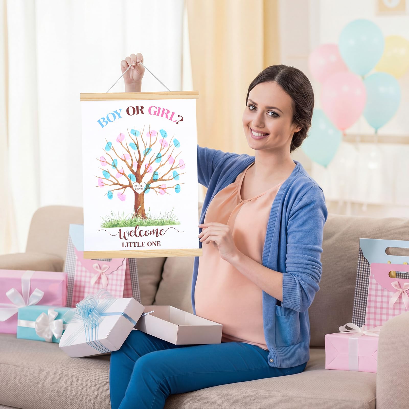 Haull Gender Reveal Fingerprint Tree Canvas Guest Books 11.8 x 15.8 in Gender Reveal Games for Guests, Baby Shower Decorations Gifts Ideas He or She Thumbprint Hanging Paintings Party Favors