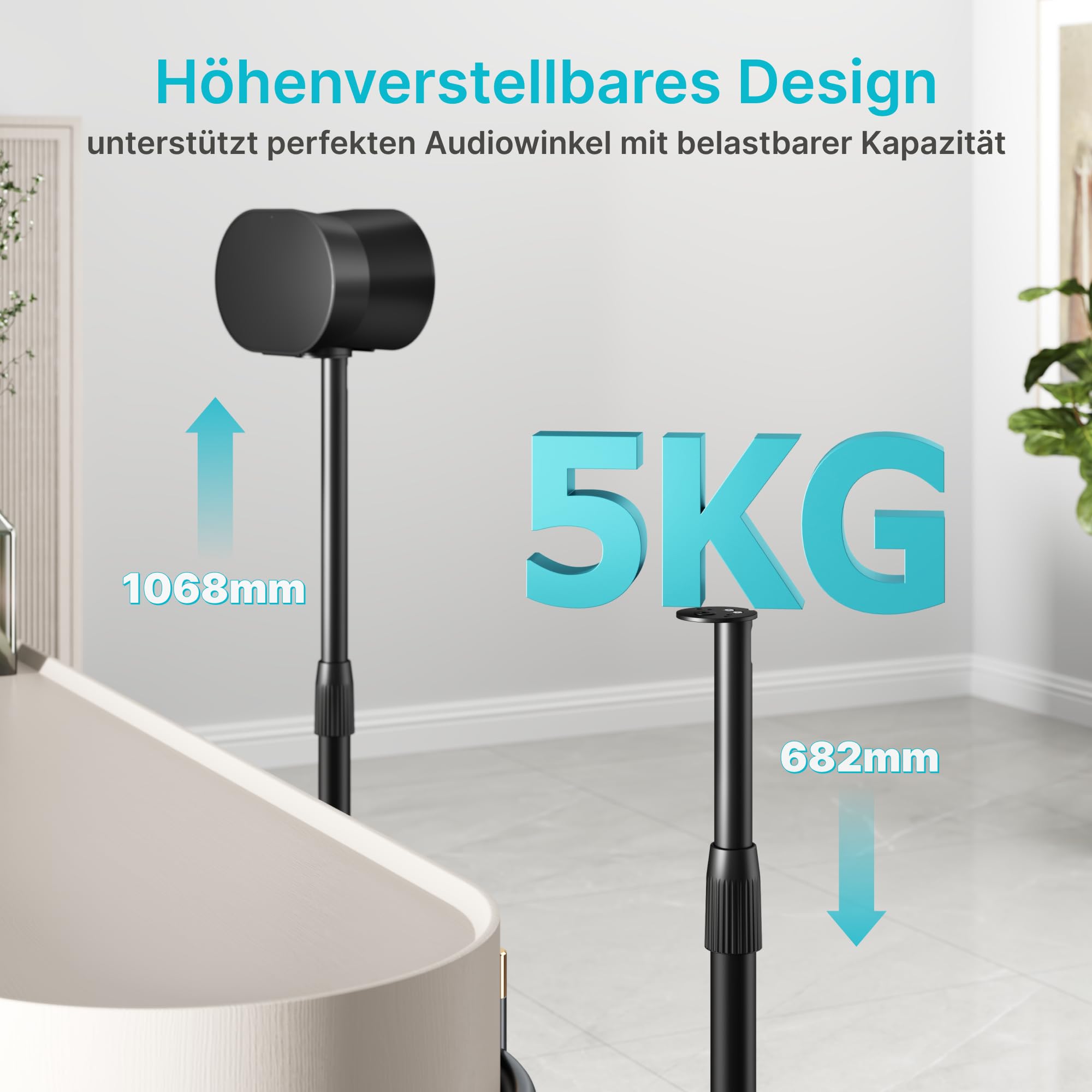 PEGZONE Höhenverstellbare Lautsprecherständer kompatibel mit Sonos Era 100&300, 68,2-106,8 cm, 5 kg Traglast, Anti-Rutsch-Basis Ø 30 cm, Schwarz