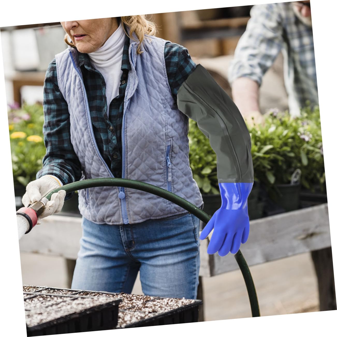 VALICLUD 2 pares Guantes Largos Impermeables de Goma para Limpieza de Cocina y Lavado de Platos Protección Extensible Codo con Forro Antideslizante Pack de Azul