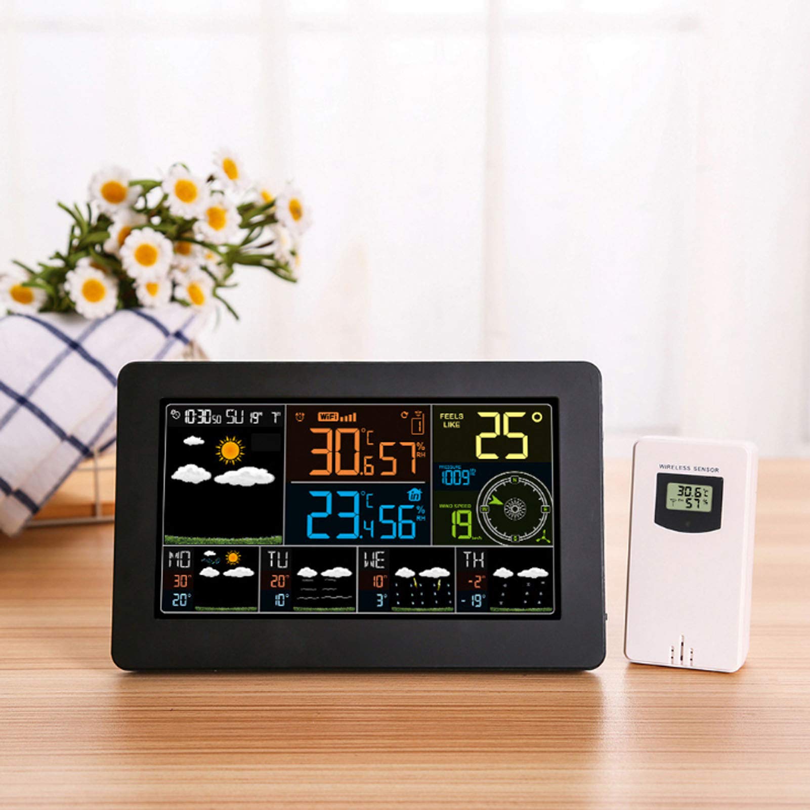 Bezprzewodowa wielofunkcyjna stacja pogodowa, zegar LCD, cyfrowy do prognozowania temperatury wilgotności z wewnętrznym czujnikiem zewnętrznym
