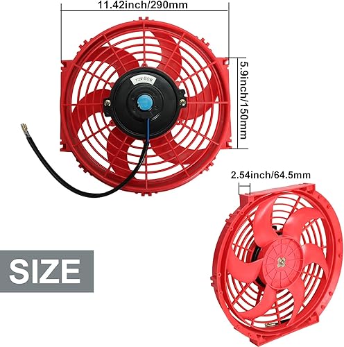 Vista 4 de Kit universal de ventilador delgado de enfriamiento de radiador eléctrico de 10 pulgadas, tire/empuje, 12V, rojo