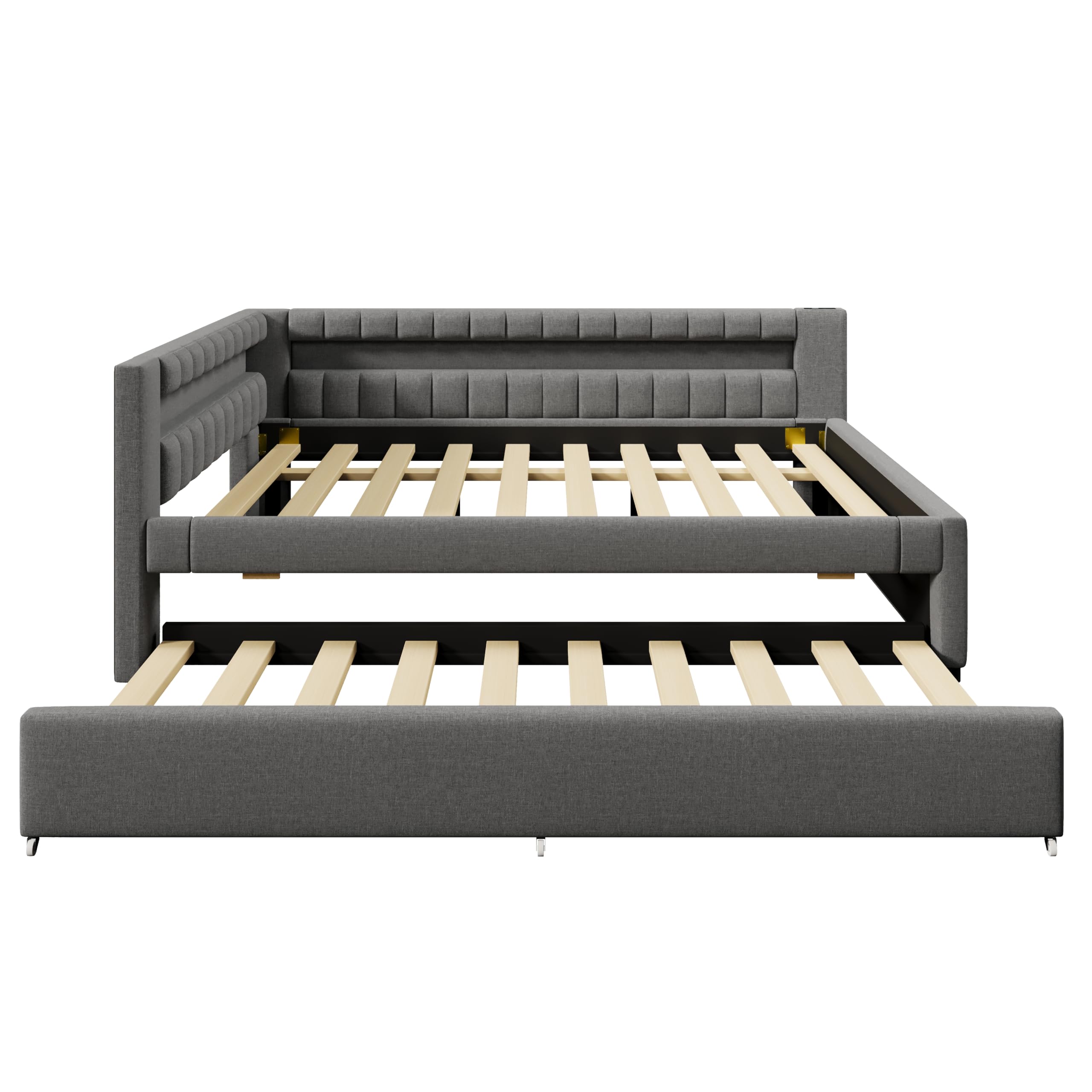 Lubvtti Divano letto 140×200 cm, testiera a L con striscia luminosa a LED, Divano letto con letto estraibile 90×190, Letto matrimoniale con porta USB, Tessuto in lino, Grigio (materasso non incluso)