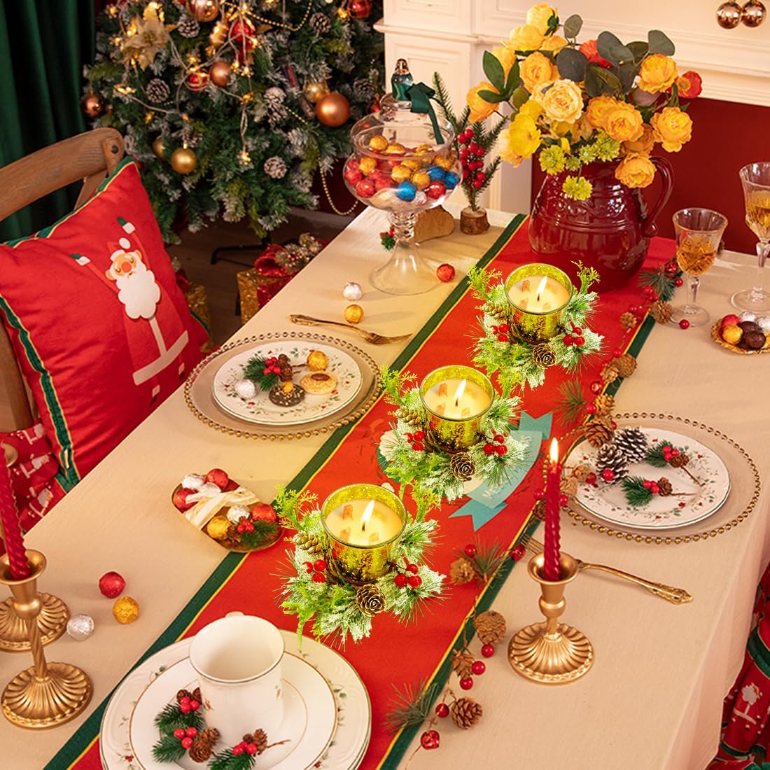 Tea Light Holder Christmas Lantern Glass Candle Holder, Set of 4 Tea Light Glasses Tea Light Glass Candle Jars Votive Candle Holder with Red Berries Pine Cones for Advent Christmas Table