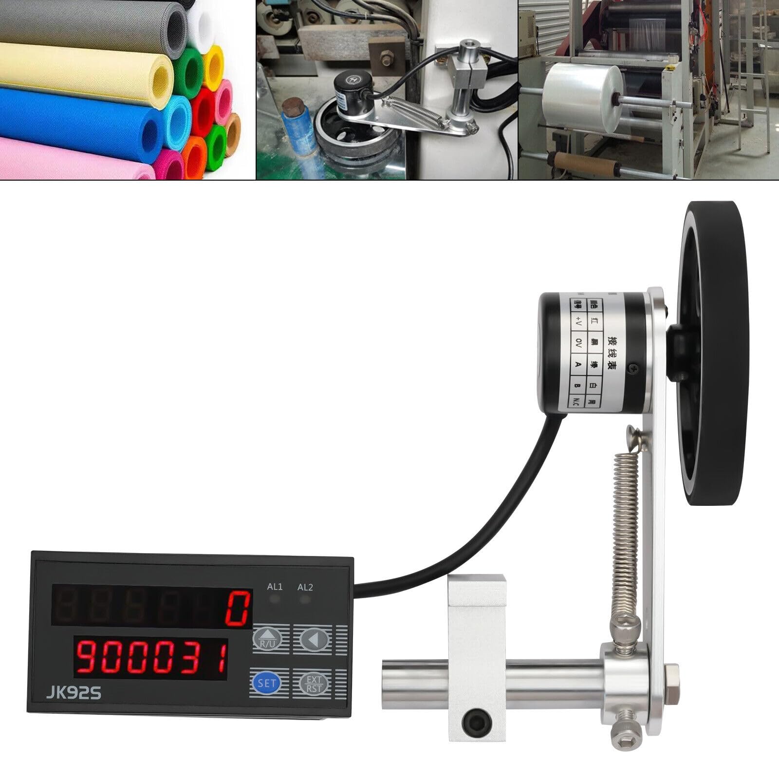 Digital Length Meter Counter w/Display & Wheel Sensor, Dual Relay Output, Multiple Modes, Power-Off Memory & Alarm Function, Accurate to 0.01mm, for Wire, Pipe, Plate, Cloth, Film