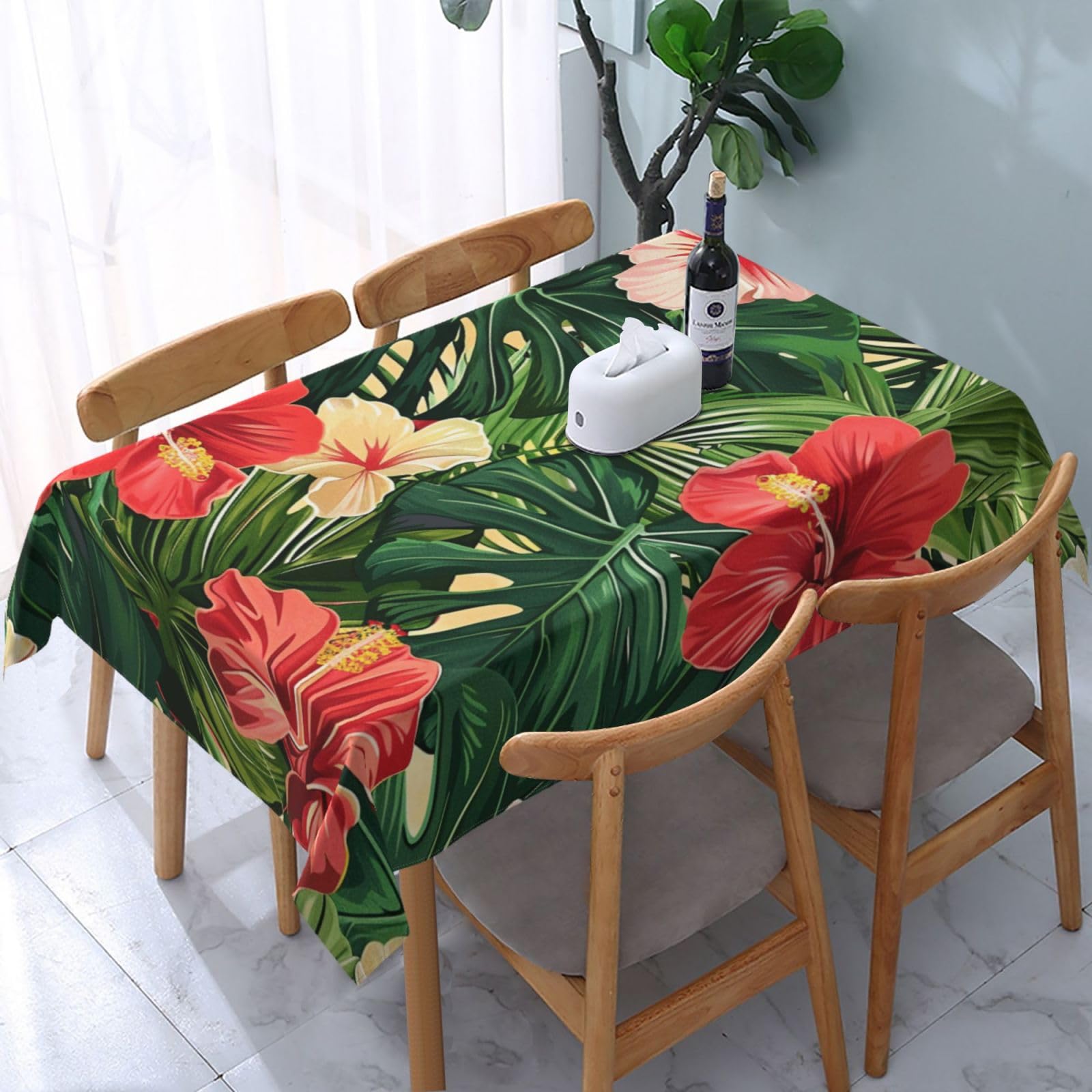 WPKJU Vegetation Leaves with Hibiscus Flowers Printed Tablecloth Water Resistant Table Cover Washable Rectangle Table Cloth for Tables 54x72 in